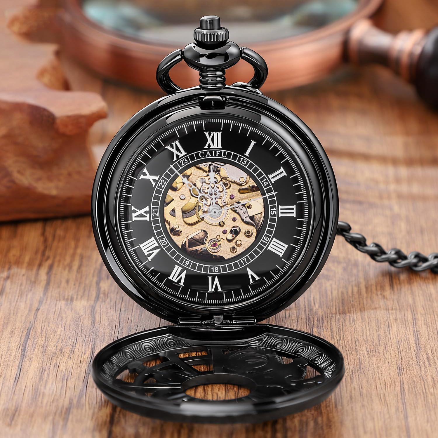 Tiong Vintage Style Hollow-Out Round Gear Arabic White Dial Men's Mechanical Pocket Watch
