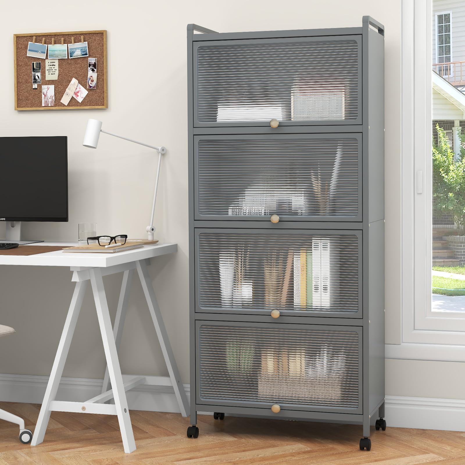 GIANTEX Armoire Cuisine 5 Niveaux avec Portes Rabattables, Meuble Cuisine Rangement à roulettes Universelles, Cadre en Métal, Étagere Cuisine pour Salon, Kit Anti-basculement, 60 x 32 x 154 cm(Gris)