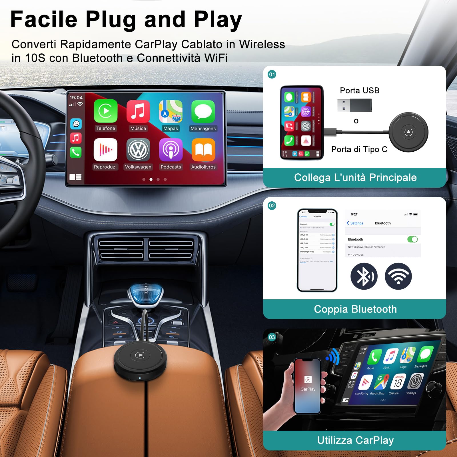 Carplay Wireless Adattatore per iPhone, CarPlay Senza Fili Convertire CarPlay Cablato in CarPlay Senza Fili da Usare Per Auto dal 2017 iPhone iOS 10+