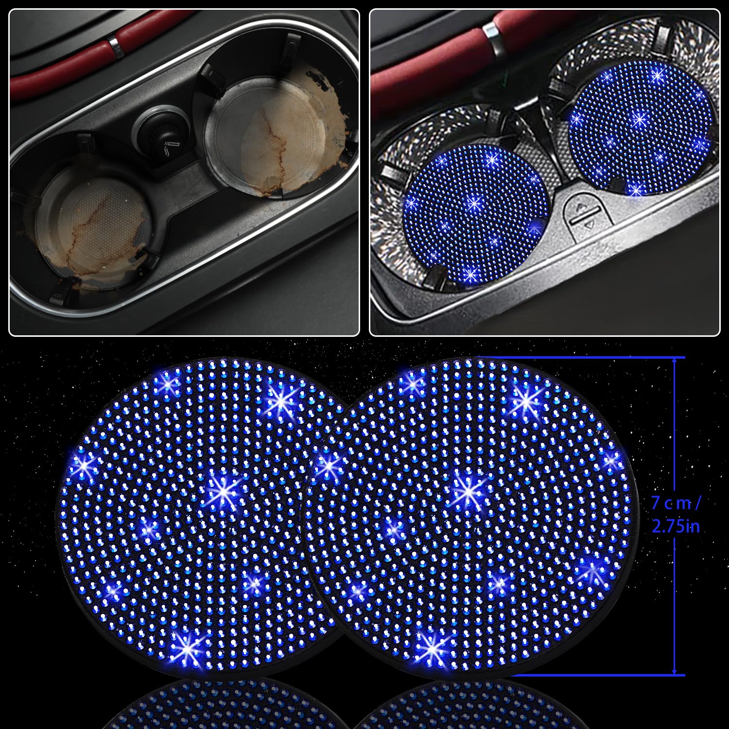 NBTEPEM Set di 27 accessori per auto blu da donna, coprivolante luccicante, universale, misura 38 cm, cornice per targa con strass, supporto per telefono, sottobicchieri per auto (diamante blu)