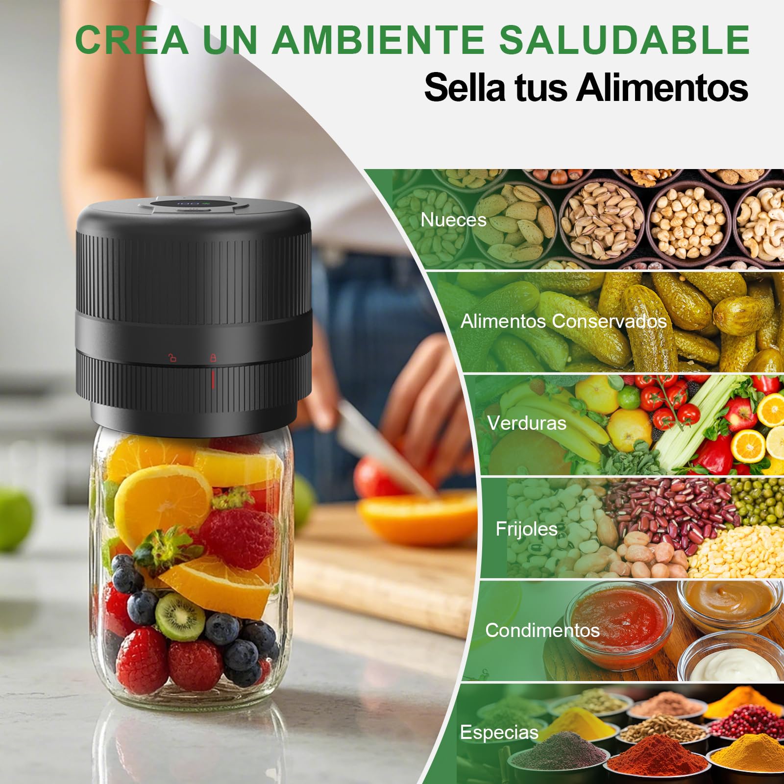 Envasadora al Vacio para Tarros Cristal, Sellador al Vacío Mason Jar, Mason Jar Vacuum Sealer, Parada Automática, Tarros Mason para Conservación y Fermentación de Alimentos, Negro Profundo