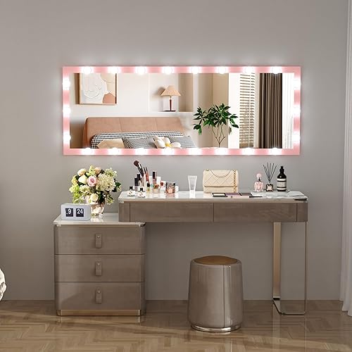 Miniatura 7 de ANYHI Espejo de longitud completa de 63 x 24 pulgadas con luces espejo LED de cuerpo completo con 22 bombillas regulables espejo de pie con botón