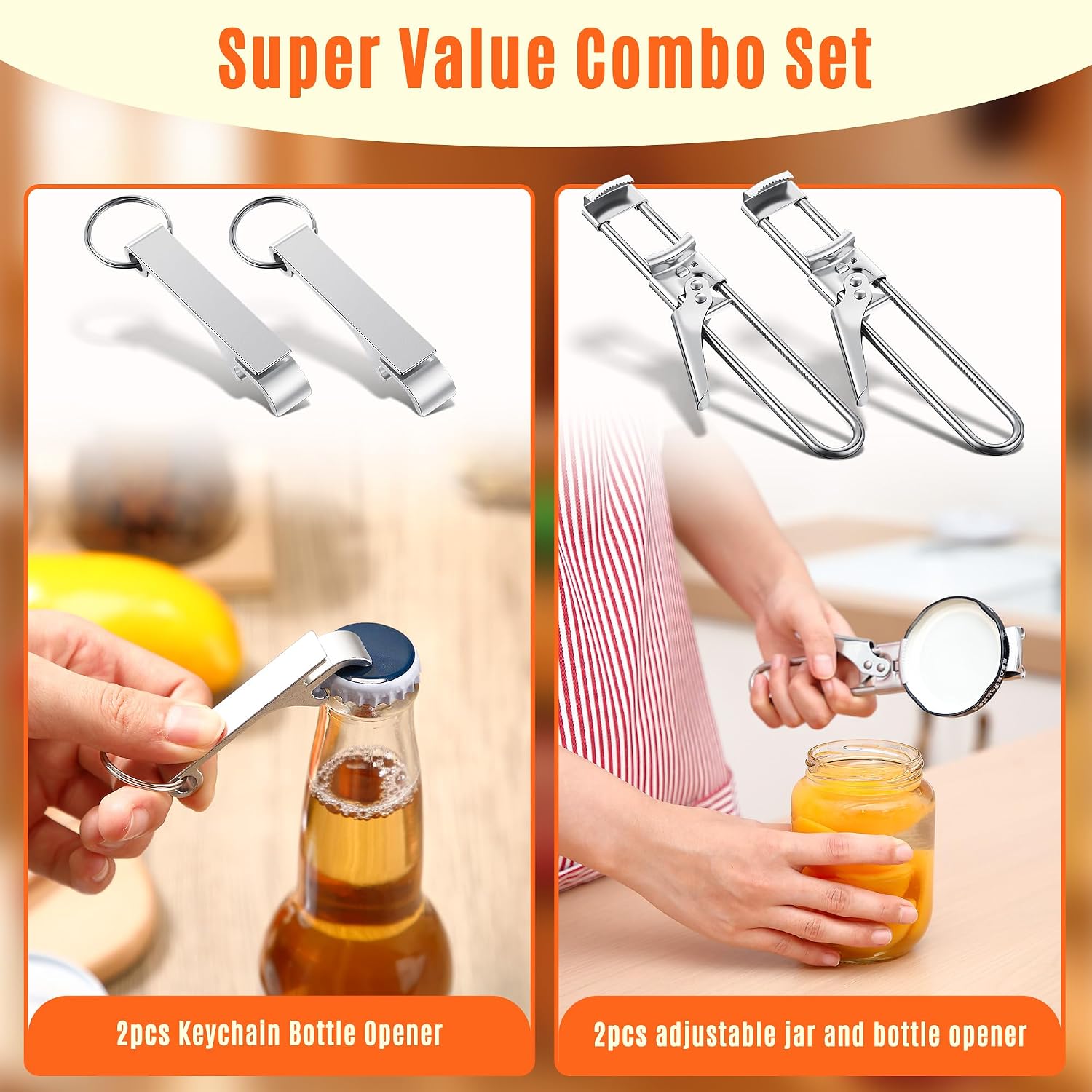2PCS Adjustable Jar Opener & Bottle Cap Opener Set, Stainless Steel