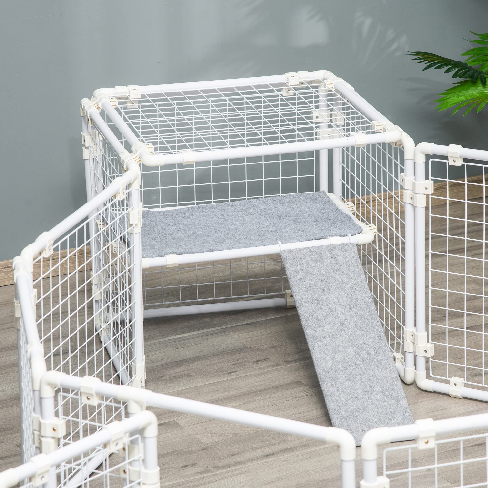 Pawhut Conejera Valla de Metal Corralito con Puerta Pestillo de 16 Paneles y Escalera para Gatos Cachorros Conejos DIY 68x68x2,5 cm Blanco