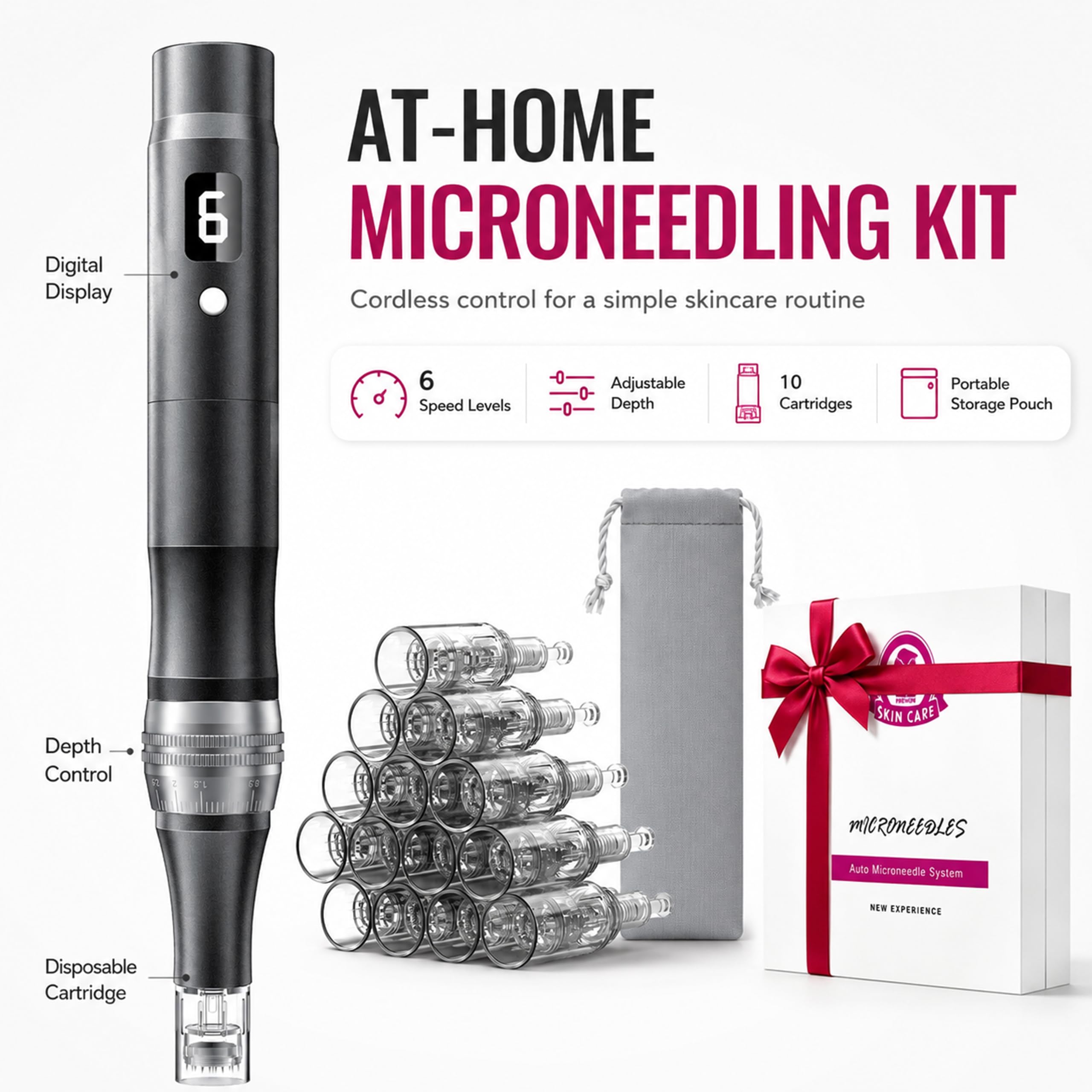 Rechargeable Microneedling Pen – Microneedle Derma Roller Pen for Women and Men Home Use-0.25MM Black
