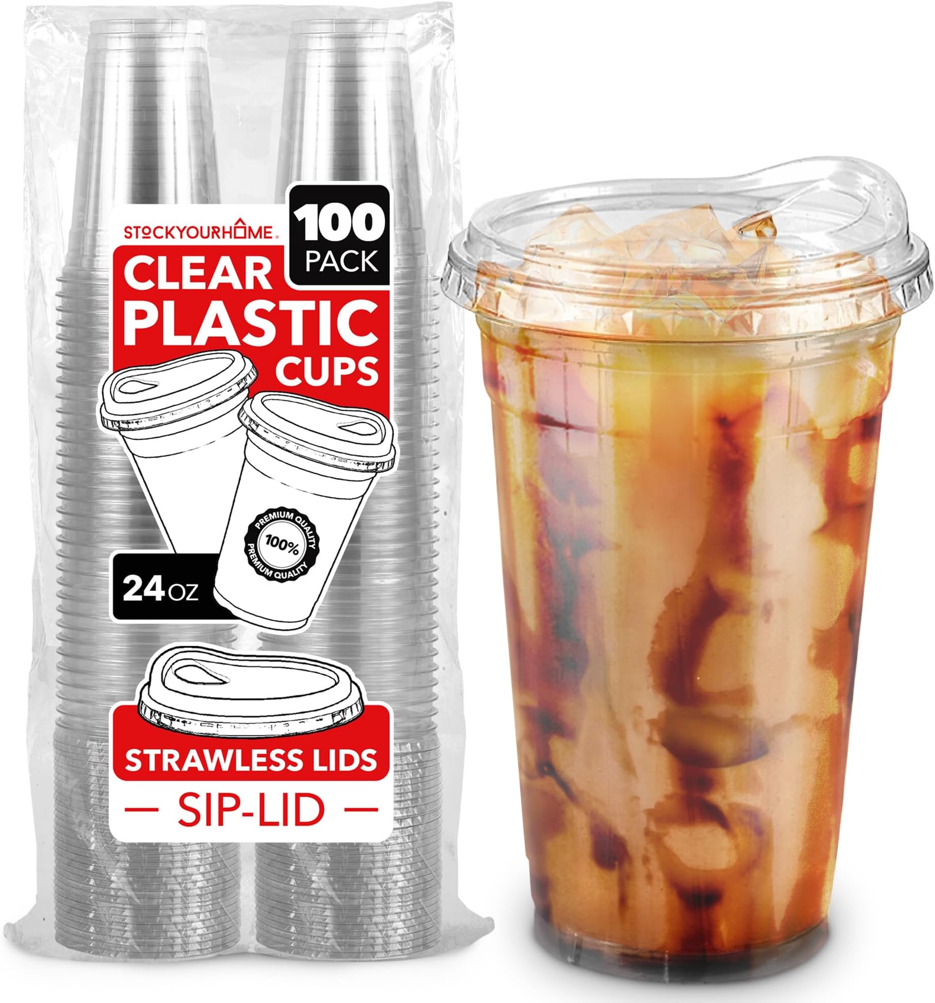 24 oz Clear Plastic Cups with Lids Disposable, 100 Count Togo Drinking Cup with Strawless Sip Lid for Smoothie, Cold Brew Iced Coffee, Lemonade, Ice Latte, Boba, Party Drinks, Bulk, 24 Ounce