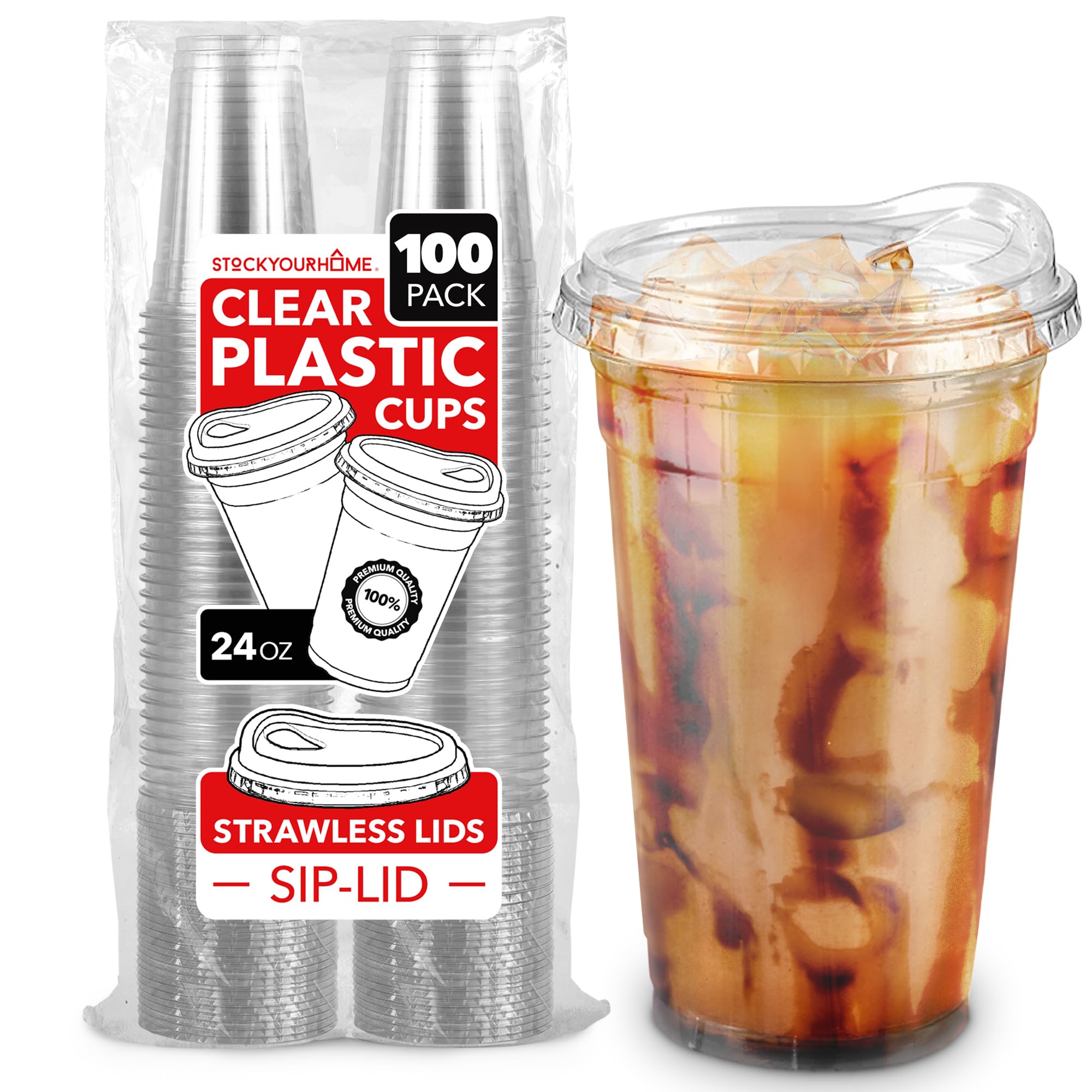 24 oz Clear Plastic Cups with Lids Disposable, 100 Count Togo Drinking Cup with Strawless Sip Lid for Smoothie, Cold Brew Iced Coffee, Lemonade, Ice Latte, Boba, Party Drinks, Bulk, 24 Ounce