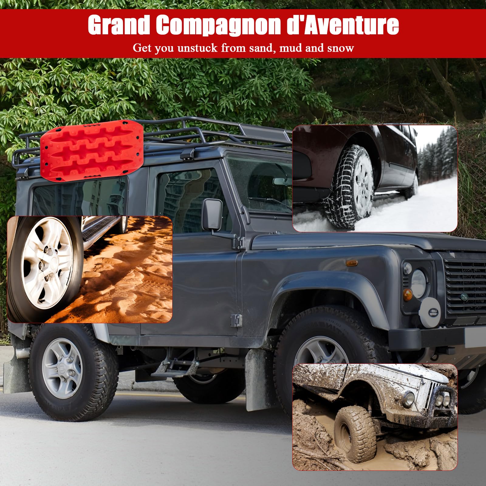 SOARS Lot de 2 Tapis de Traction Tout-Terrain, Planche de Récupération pour Boue, Sable et Neige, Charge Maximale 10 T, pour Voiture Tout-Terrain, Camping-Car, Camion, 58 x 31 x 6 CM, Rouge