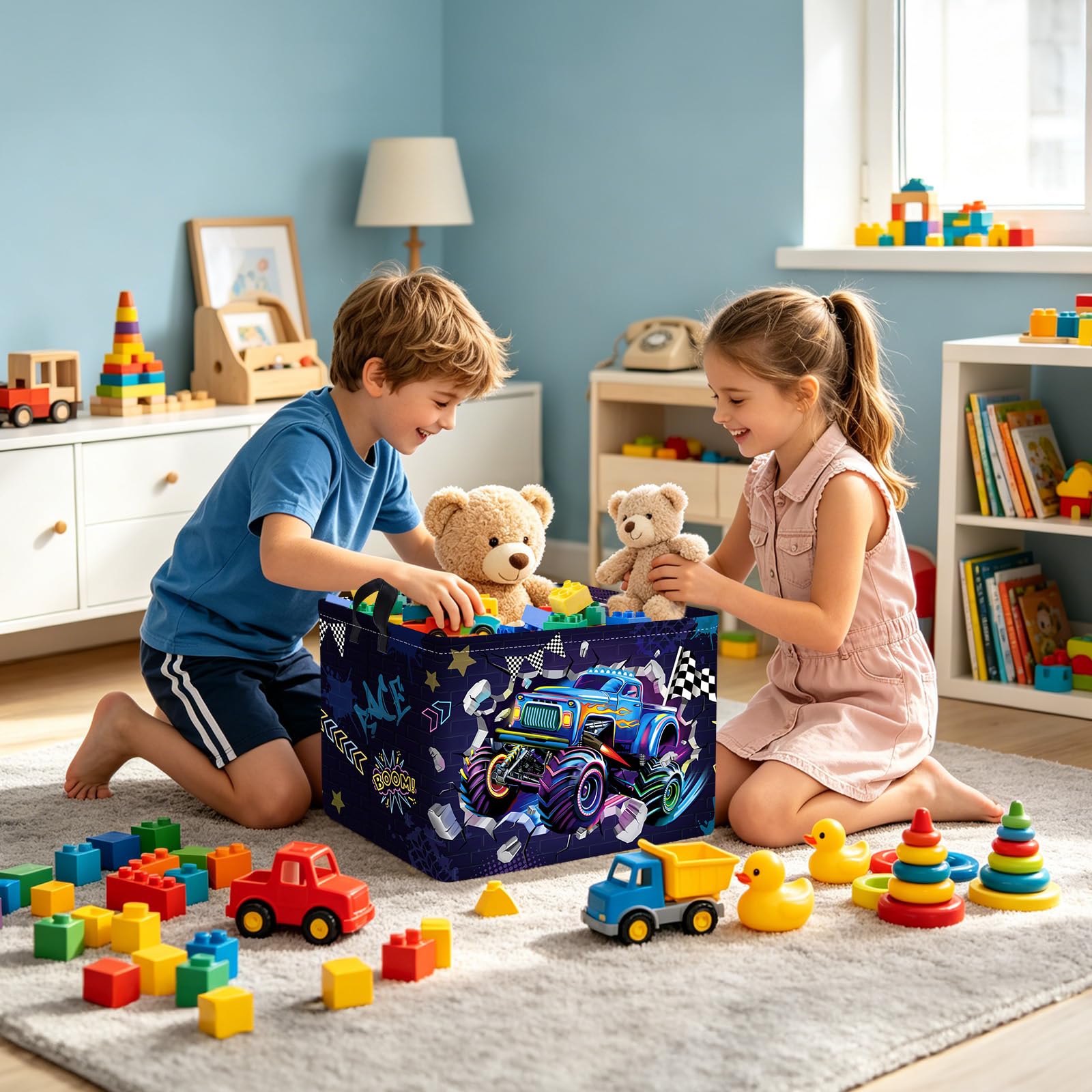 Clastyle Cestos Almacenaje Coche de Carreras Infantil Cesta Ropa Sucia Plegable para Habitación Bebé Dormitorio Cajas de Almacenaje Juguetes para Chico, Púrpura 3D, 40x30x30 cm