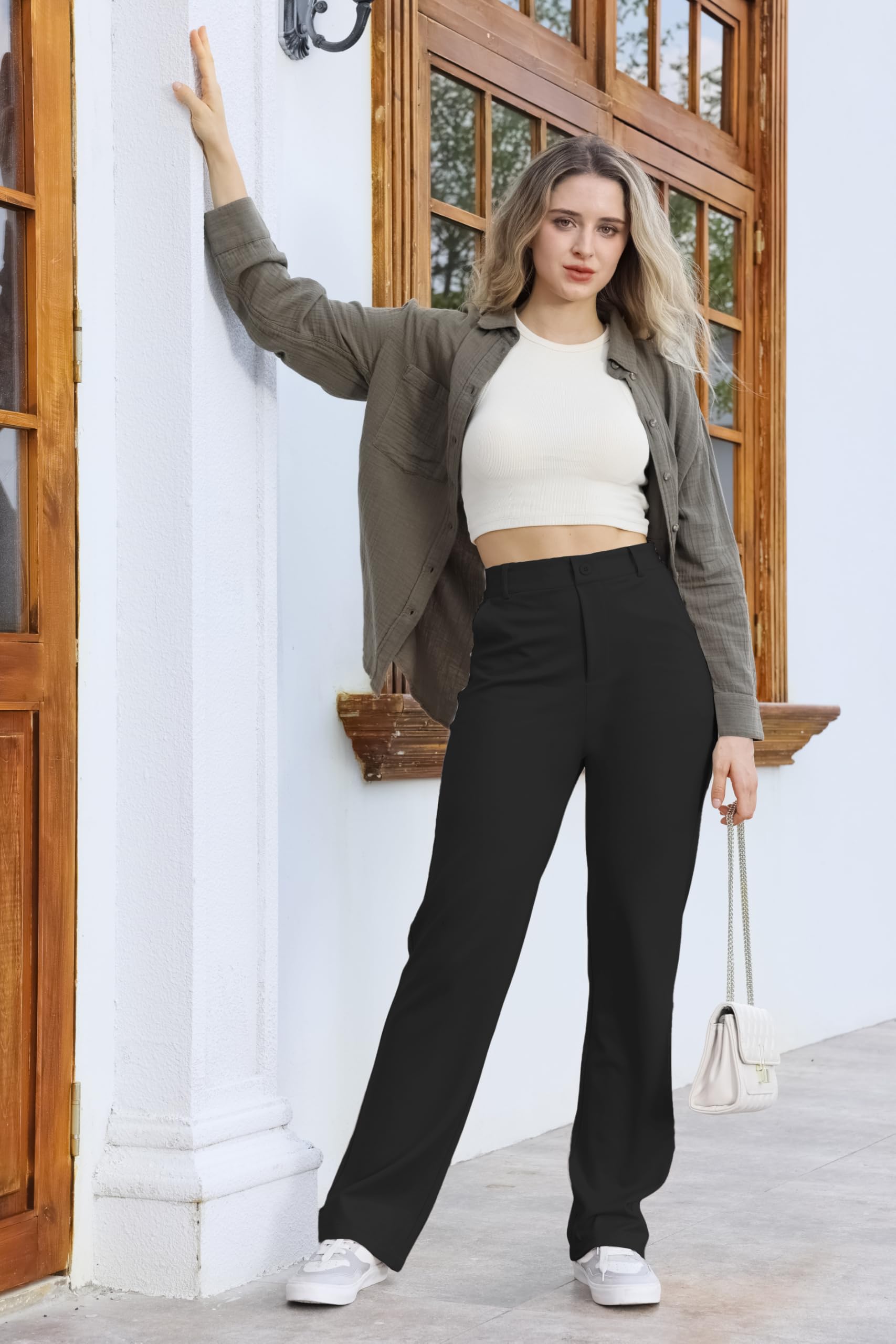 Bamans Damen Anzughose gerade geschnittene elastische Büro Damenhose | Hohe Taille, dehnbarer Stoff, elegante Optik für geschäftliche Termine sowie casual alltägliche Anlässe