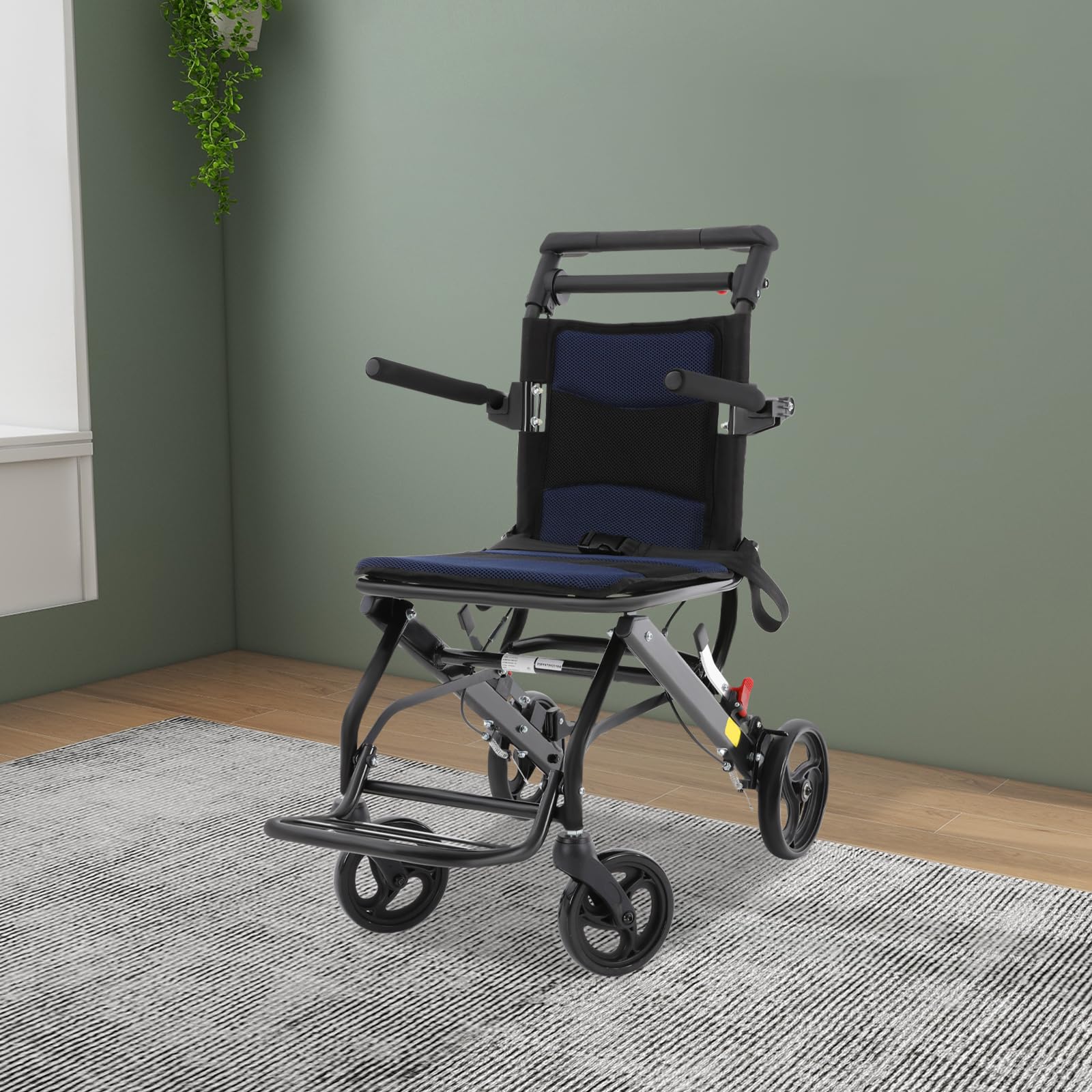 ‌Klappbarer Rollstuhl Aluminium,Rollstuhl faltbar leicht(100kg, 6"/8" Räder) 270° Armlehnen, Sicherheitsgurt faltbar 48x27cm für Reisen(schwarz）