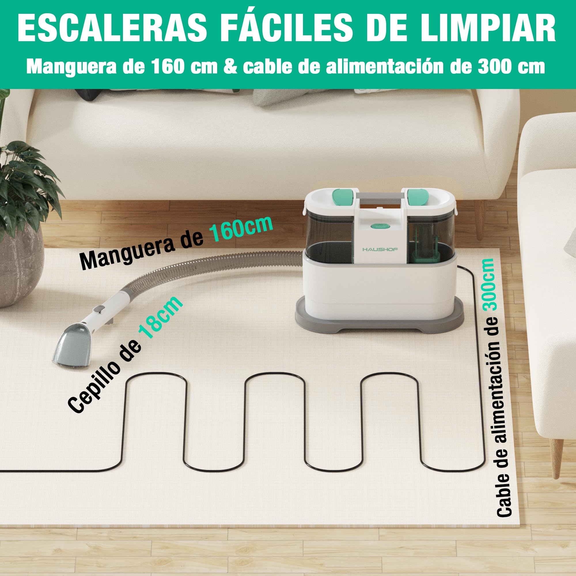 HAUSHOF StainZapper Pro Aspiradora de Agua Tapiceria, 450W Limpiador de Manchas, Limpia Tapicerias con Detergente y Cepillo, Limpiador de Tapicerias para Alfombras, Sofás