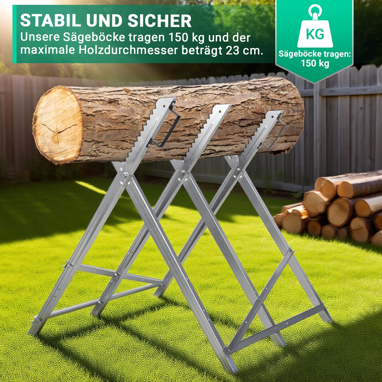 Cavalletto per sega in legno zincato pieghevole con 3 supporti e dentatura, pieghevole per legna da ardere fino a Ø 23 cm, max. 150 kg, supporto per sega