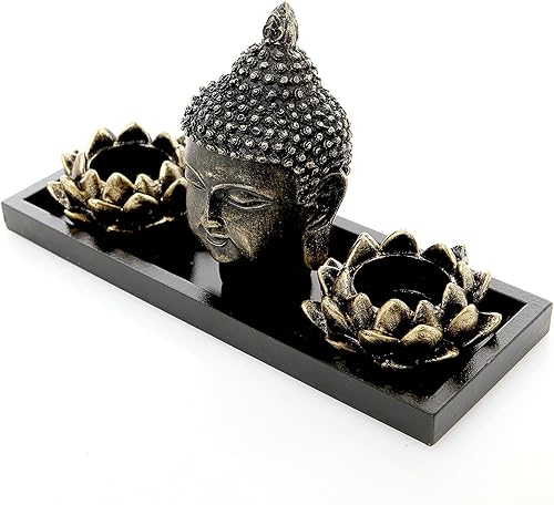 Miniatura 2 de MyGift cabeza de Buda escultura Jardín Zen Set con Vela de Lotus flotante envase y charola de madera color negro