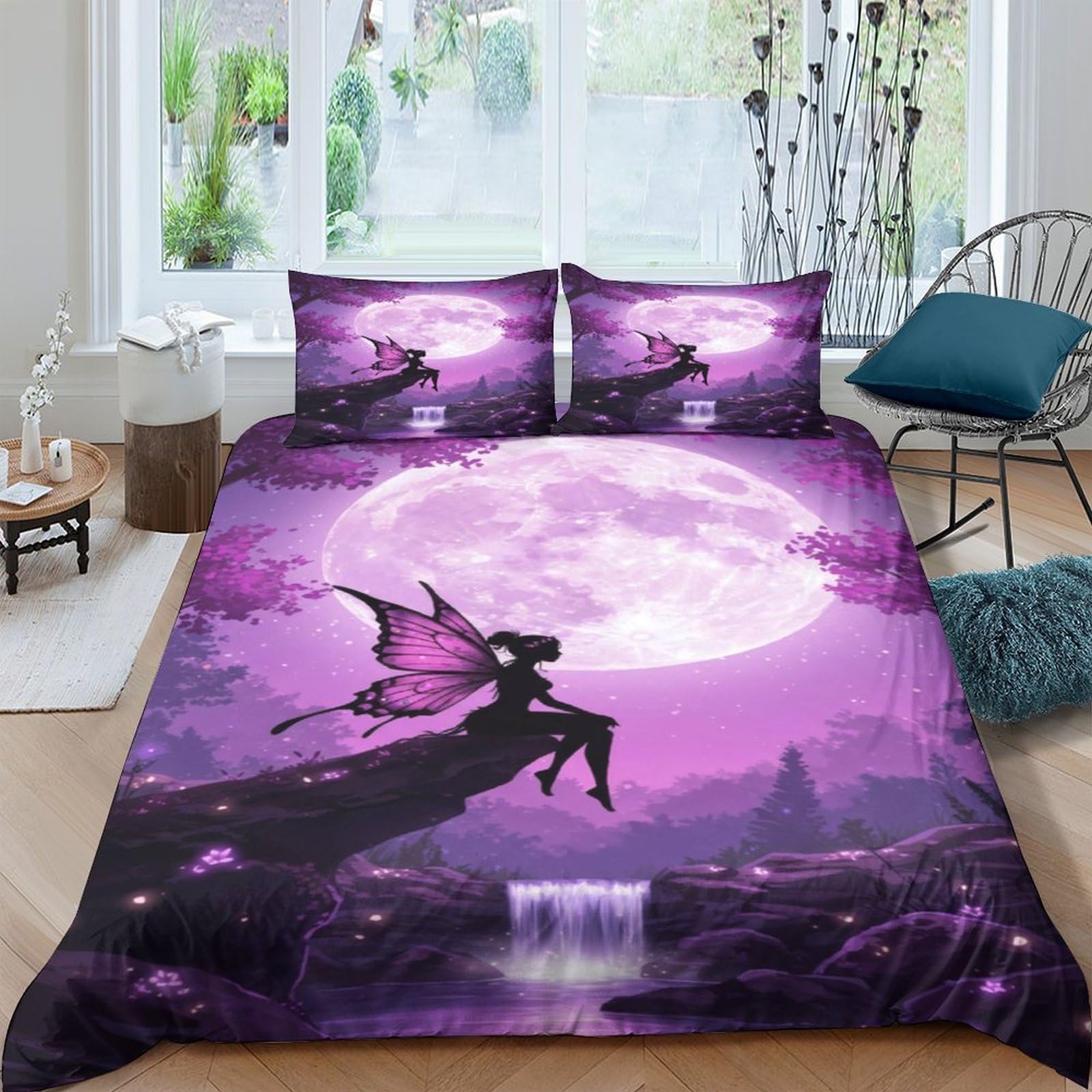 GPLZQXKJNH 3D Printed Fantasy Fairy Moon Duvet Cover Microfiber Purple Bedding Set with 2 Pillowcases for Bedroom Decor Single（135x200cm）