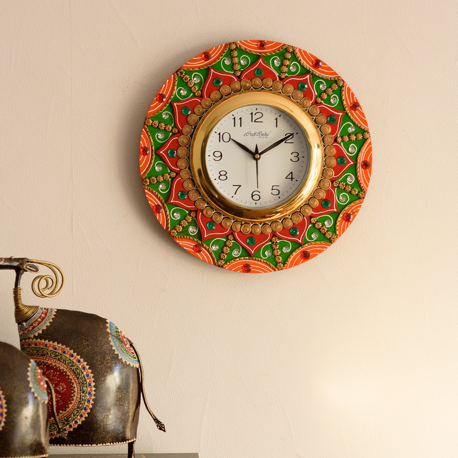 eCraftIndia Decorative Handcrafted Wooden and Papier-Mache Wall Clock (30 cm x 2.5 cm x 30 cm)