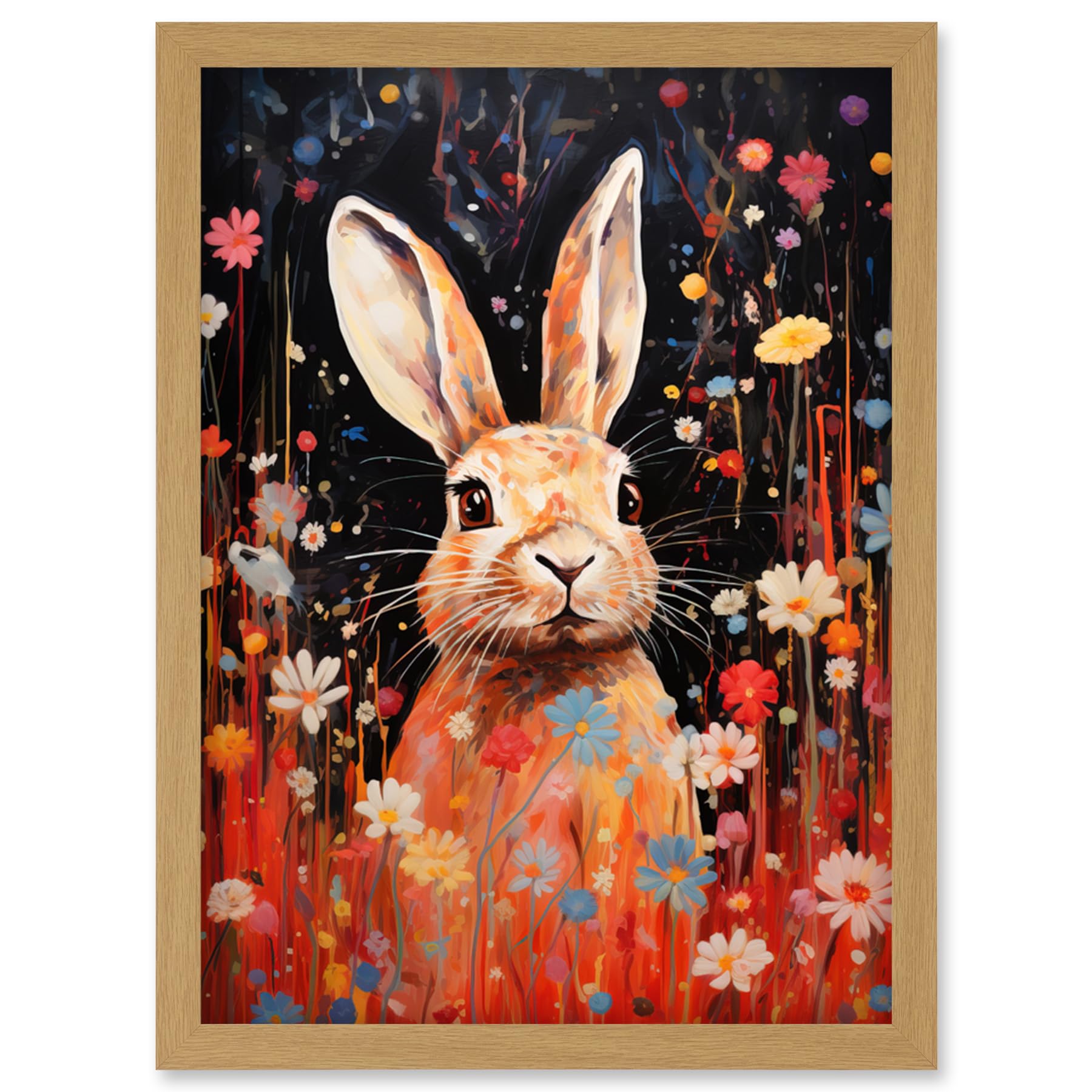 Artery8 - Kids Wall Art Print - Bunny Rabbit in Daisy Meadow - A4 - Light Oak