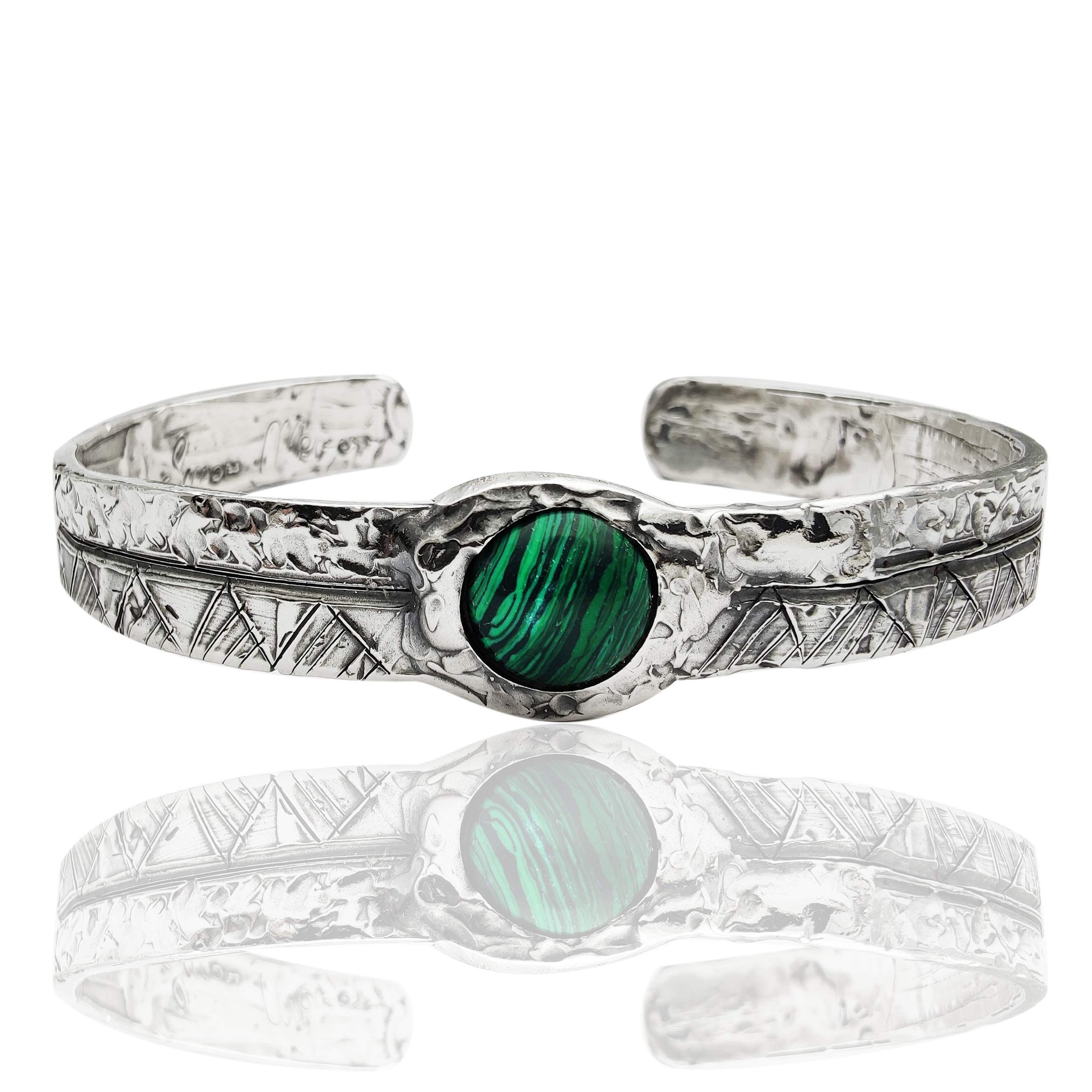 BRACCIALE rigido bangle da UOMO, in Argento 925 nero antico, con pietra MALACHITE verde (modello kiowa)