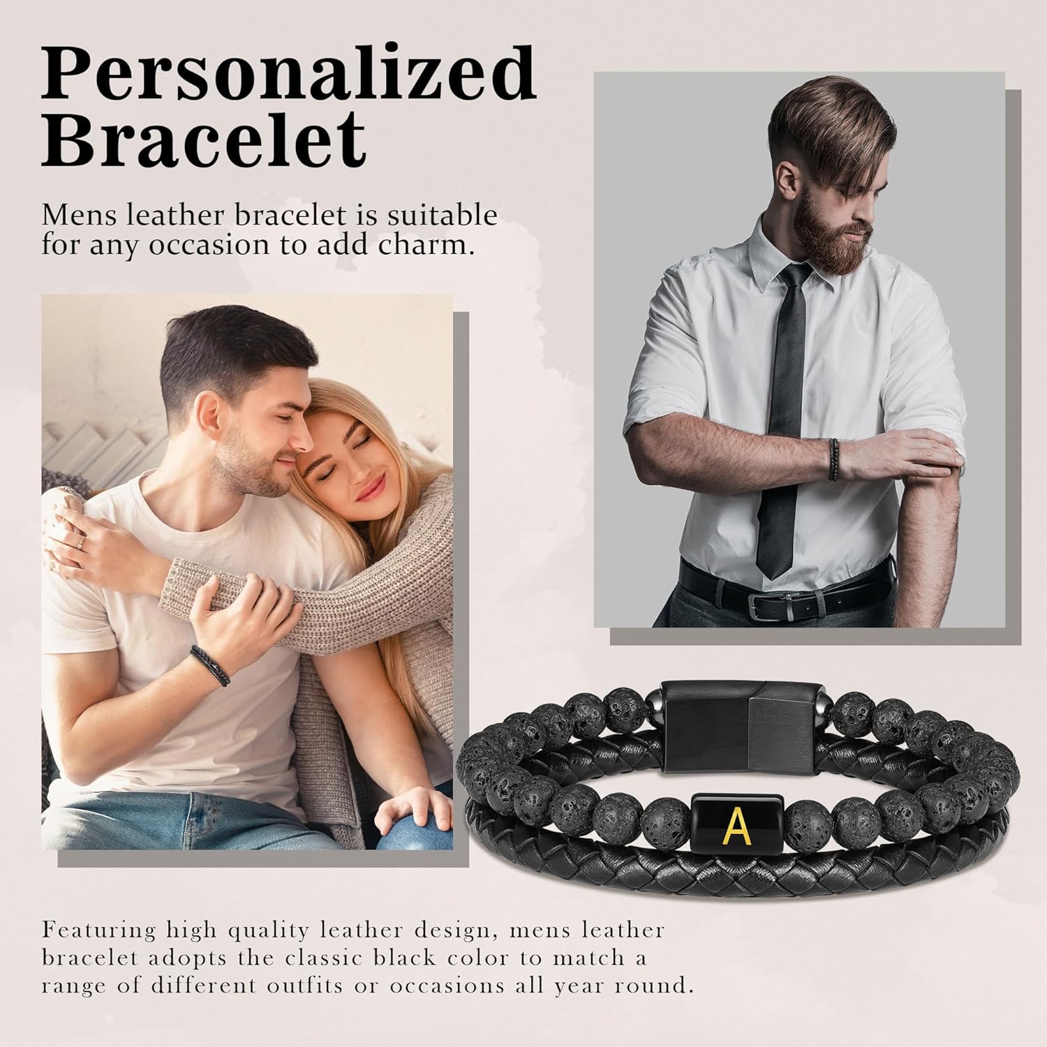 Leather Bracelets for Mens Gifts - Premium Genuine Leather Natural Lava Rock Matte Agate Adjustable Stainless Steel Magnetic Clasp Initial Bracelet, Unique Gifts for Men Husband Dad Son - Image 8
