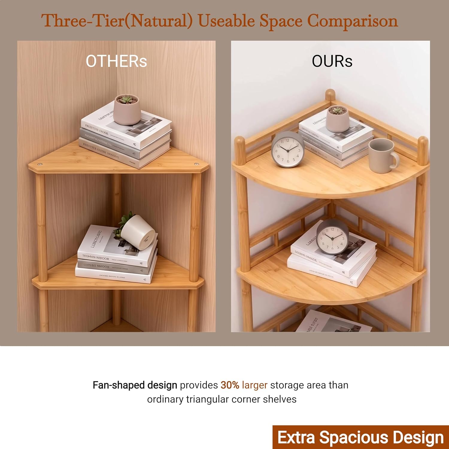 3-Tier Expandable Bamboo Corner Shelf Stand,Corner Bookshelf, Display Storage Shelves with Open Shelves, for Organization and Storage, Living Room, Home Office, Garage (Natural, 3-Tier WithRail)