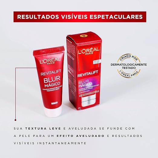 Conjunto composto pela bisnaga do primer L'Oréal Paris Revitalift Blur Mágico ao lado de sua caixa original