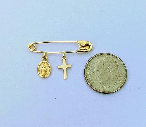 Miniatura 4 de 14k Yellow Gold Baby Safety Pin with Cross & Virgin Mary CharmsChristeningBaptismNOT Gold Filled NOT Gold Plated