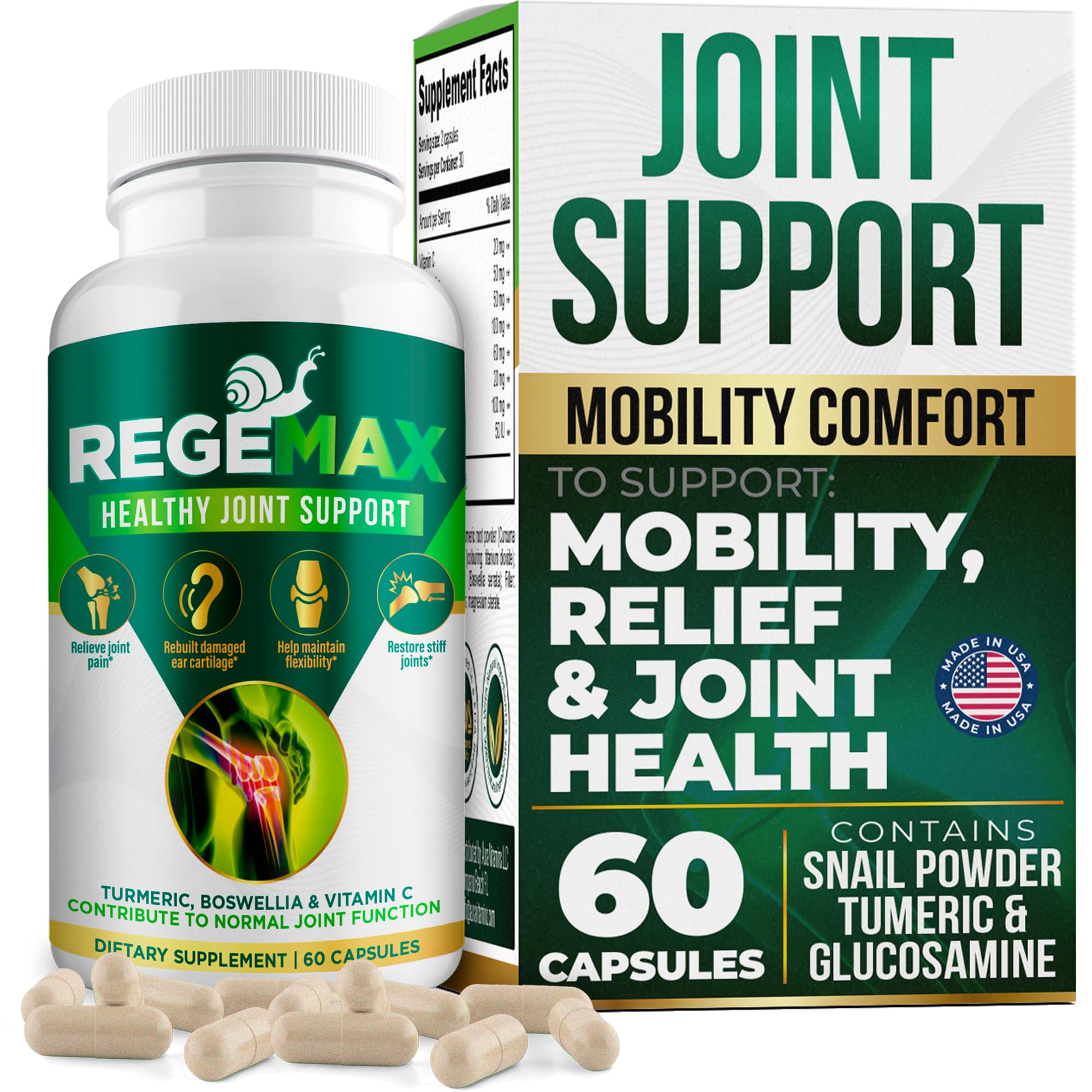AURA VITAMINS REGEMAX regenerates and Helps Alleviate Joint discomfort Supplement, Snail Protein, Boswellia Serrata, and Turmeric – 60 Caps. (1)