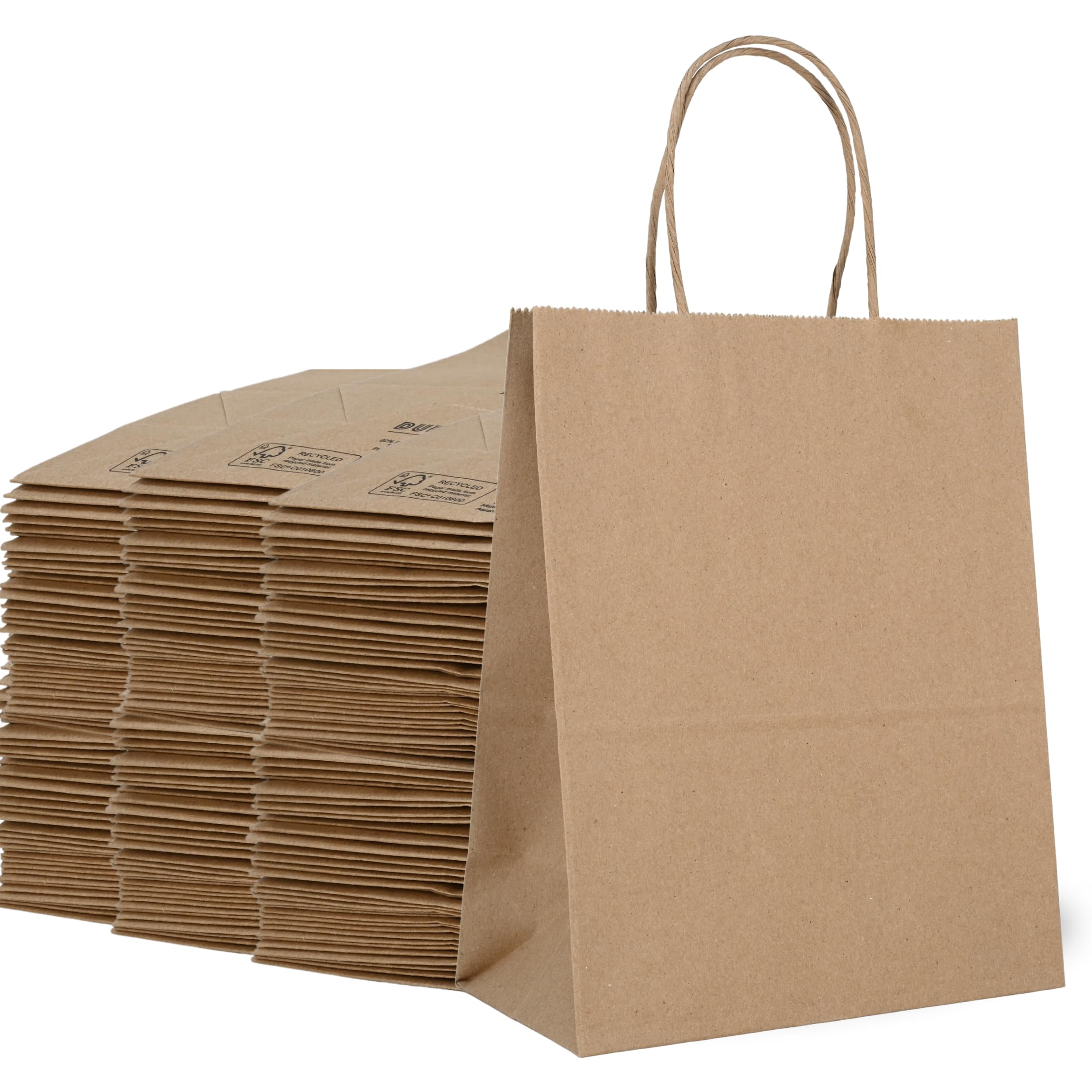 DURO 60# 8x4.5x10.25 Brown Paper Bags for Small Business, Small Kraft Bags with Handles, Holidays, Party Favors, Retail Shopping & Crafts - Pack of