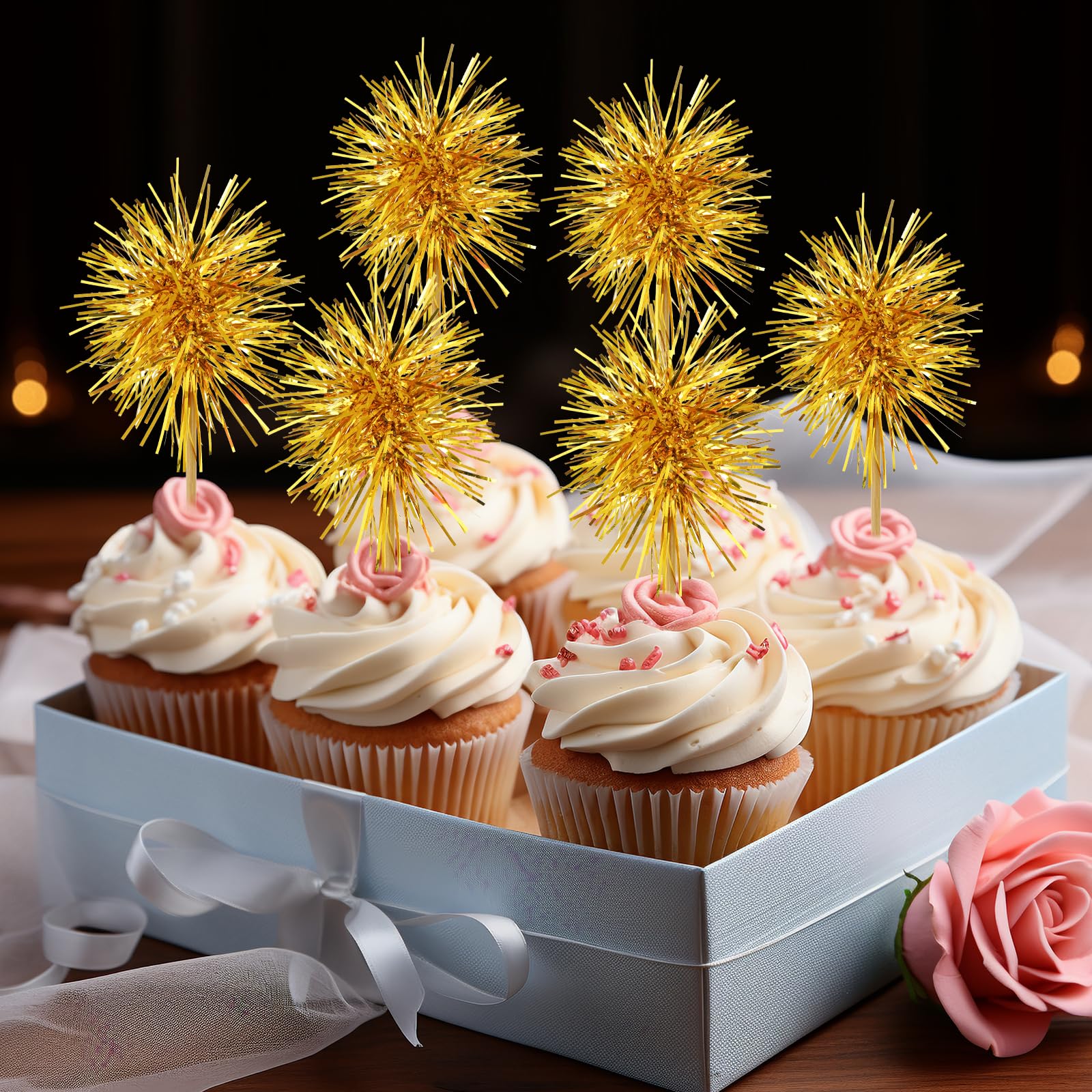 Jmkcoz 100 Pcs Foil Firework Cupcake Toppers Sparkle Tinsel Cake Toppers Drink Cake Decoration Cocktail Fruit Toothpick for Birthday Wedding Graduation Christmas Party Supplies (100, Gold)