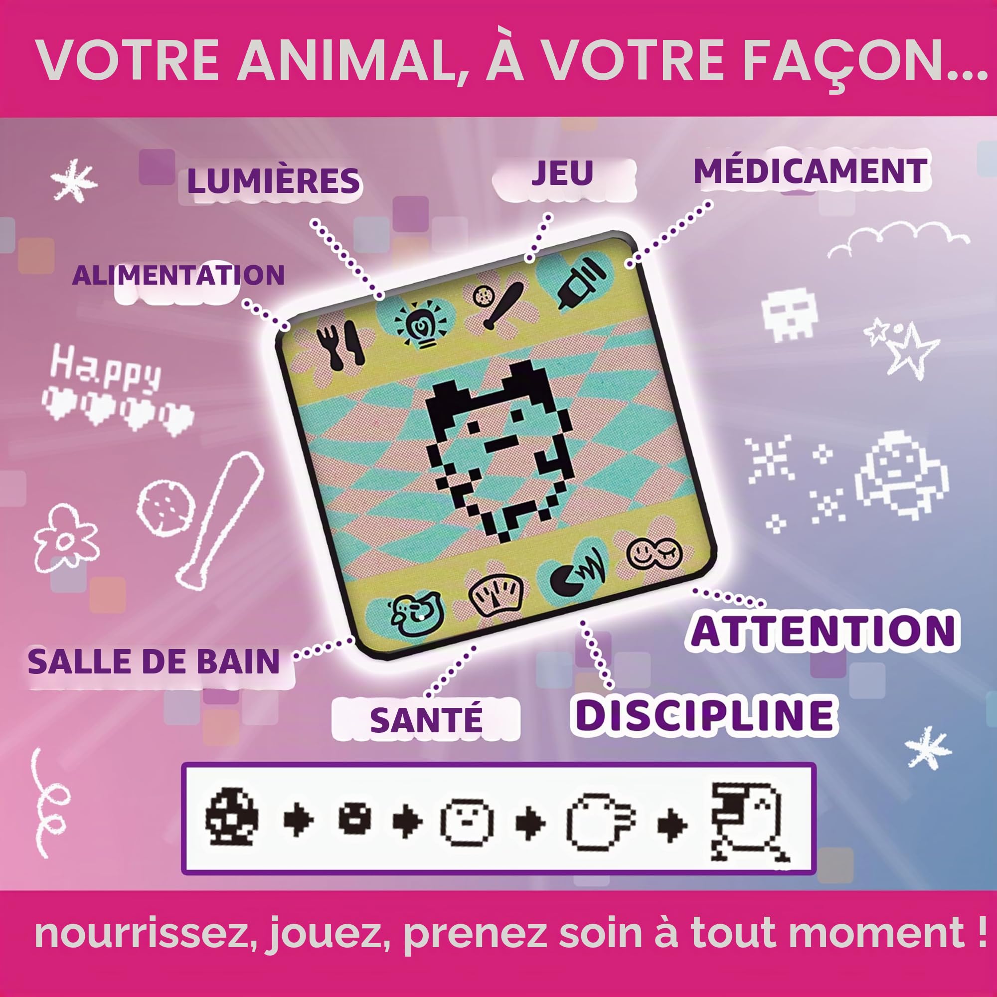 Tamagotchi 42948NBNP - Bandai Original Gén 2 - Coque au Motif Ciel avec chaîne - L’Animal de Compagnie virtuel Original Bleu