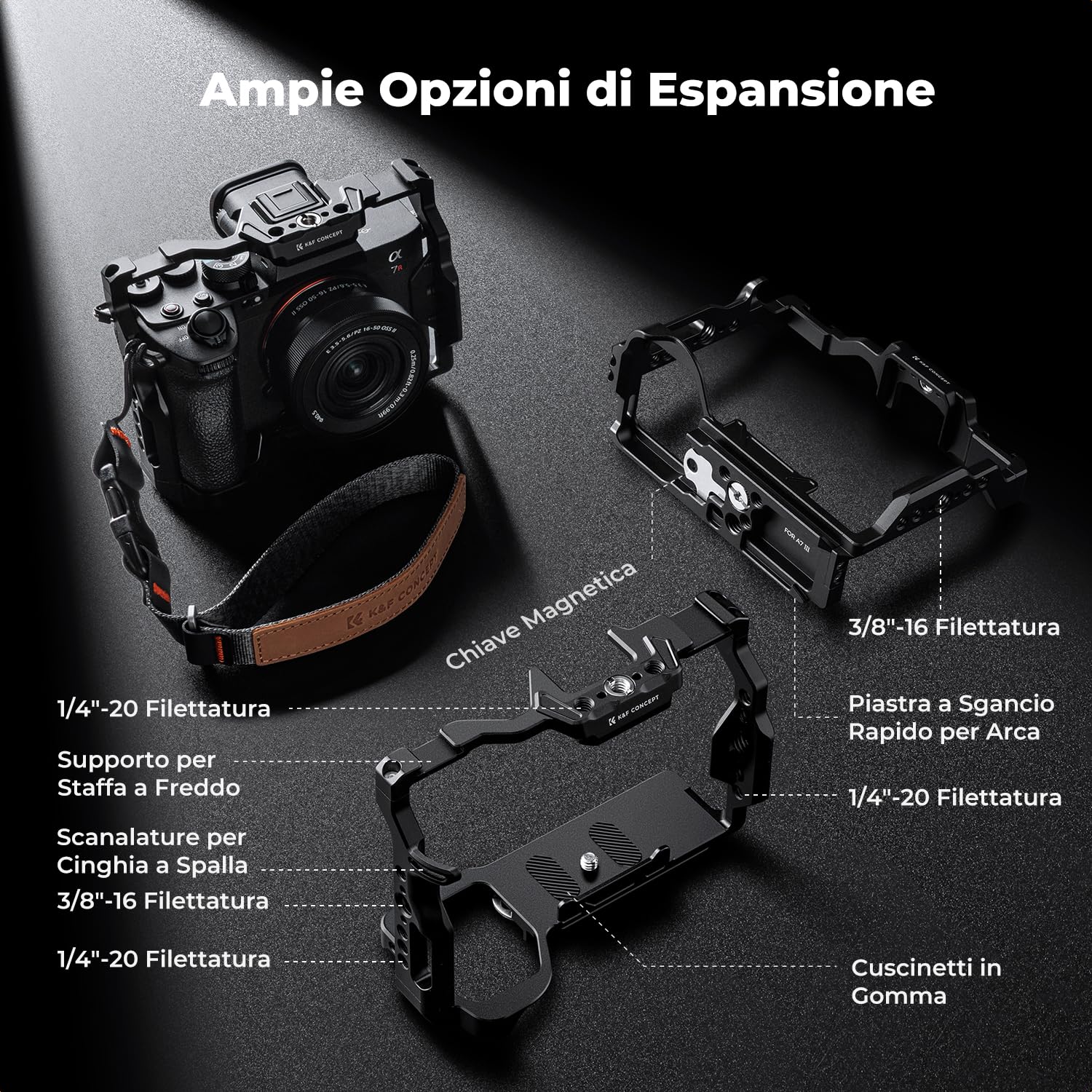 K&F CONCEPT Alpha 7 III/7 IV/7 Ⅴ/7R III/7R Ⅴ Cage, Gabbia per Fotocamera per Sony Alpha 7 III/7 IV/7 Ⅴ/7R III/7R Ⅴ con Piastra a Sgancio Rapido Integrata per Arca, Guida NATO, Filettature da 3/8“