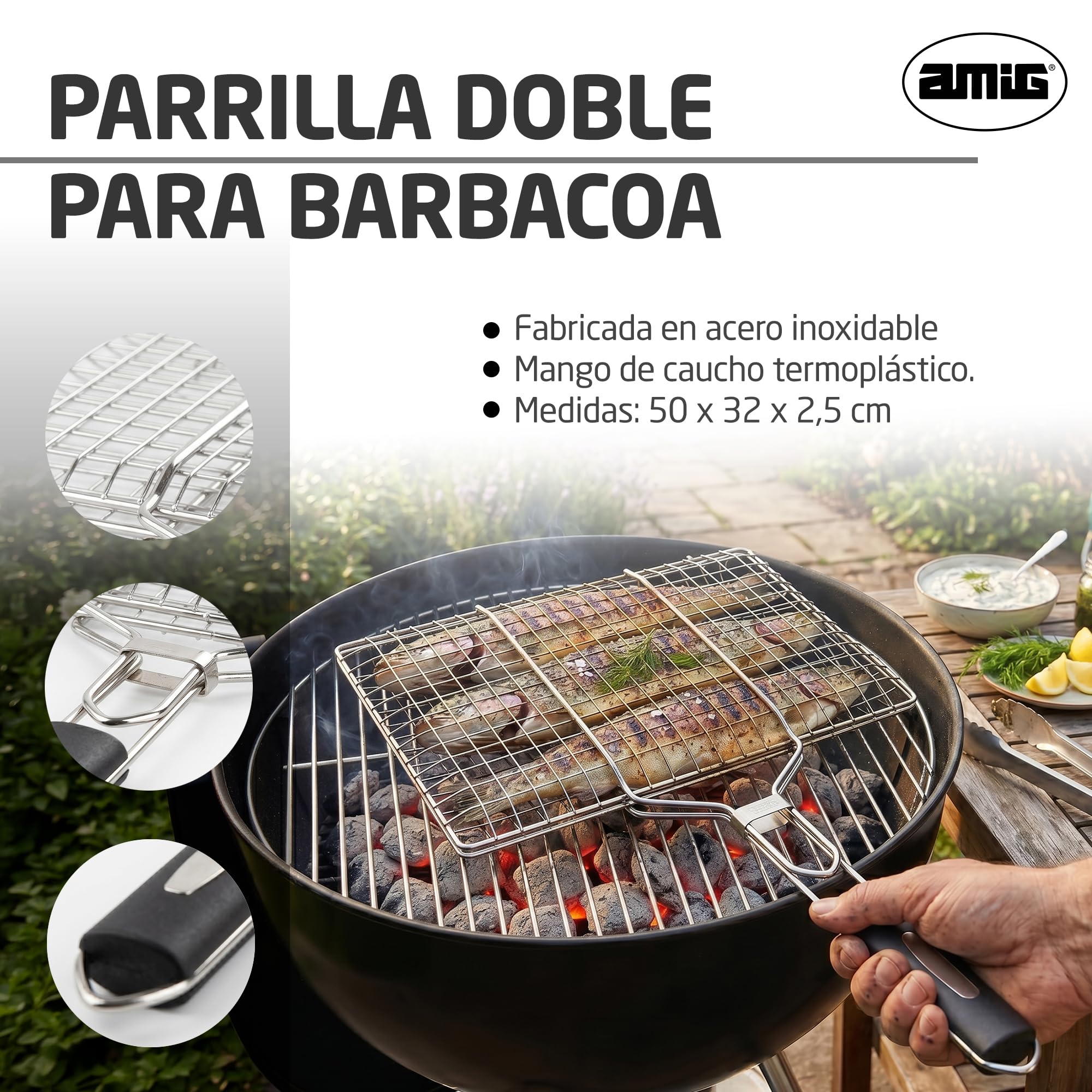 Amig - Griglia Doppia per Barbecue - 50 x 32 cm - Acciaio Inossidabile - Griglia BBQ per Carne e Verdure - MOD. AM34