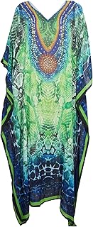 Mogul Interior Womens Caftan Maxi Dress Jungle Green Digital Printed Beach Kaftan One Size