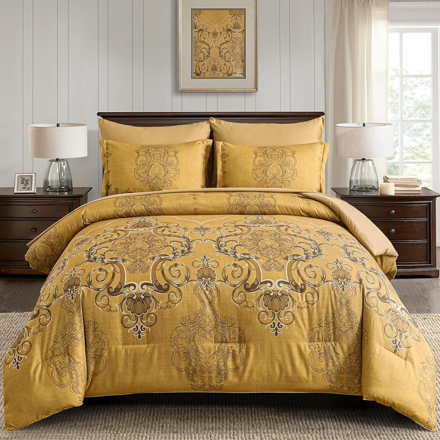 Mybedsoul 7 Pieces Gold Comforter Set King Size, Damask Bed in a Bag for King Bed, Lightweight Microfiber Boho Bedding Sets with Comforter, Sheet, Pillowcases & Shams for All Season(90"x104") King Gold