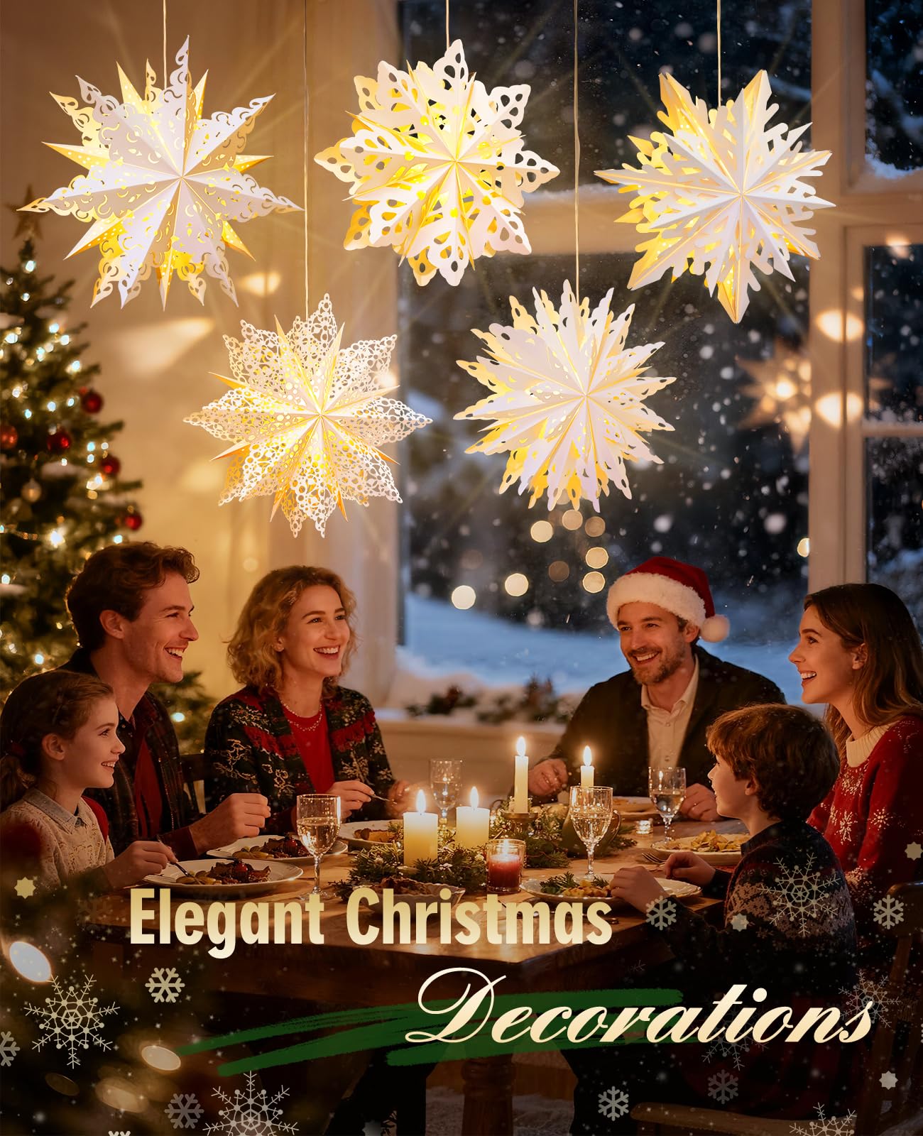 Luxspire Linterna Estrella de Papel de Navidad, 5 Pack Luces Colgantes de Copo de Nieve de Papel con Cuentas de Luz LED y Control Remoto, Linternas Decorativas Plegables para Fiestas Navideñas