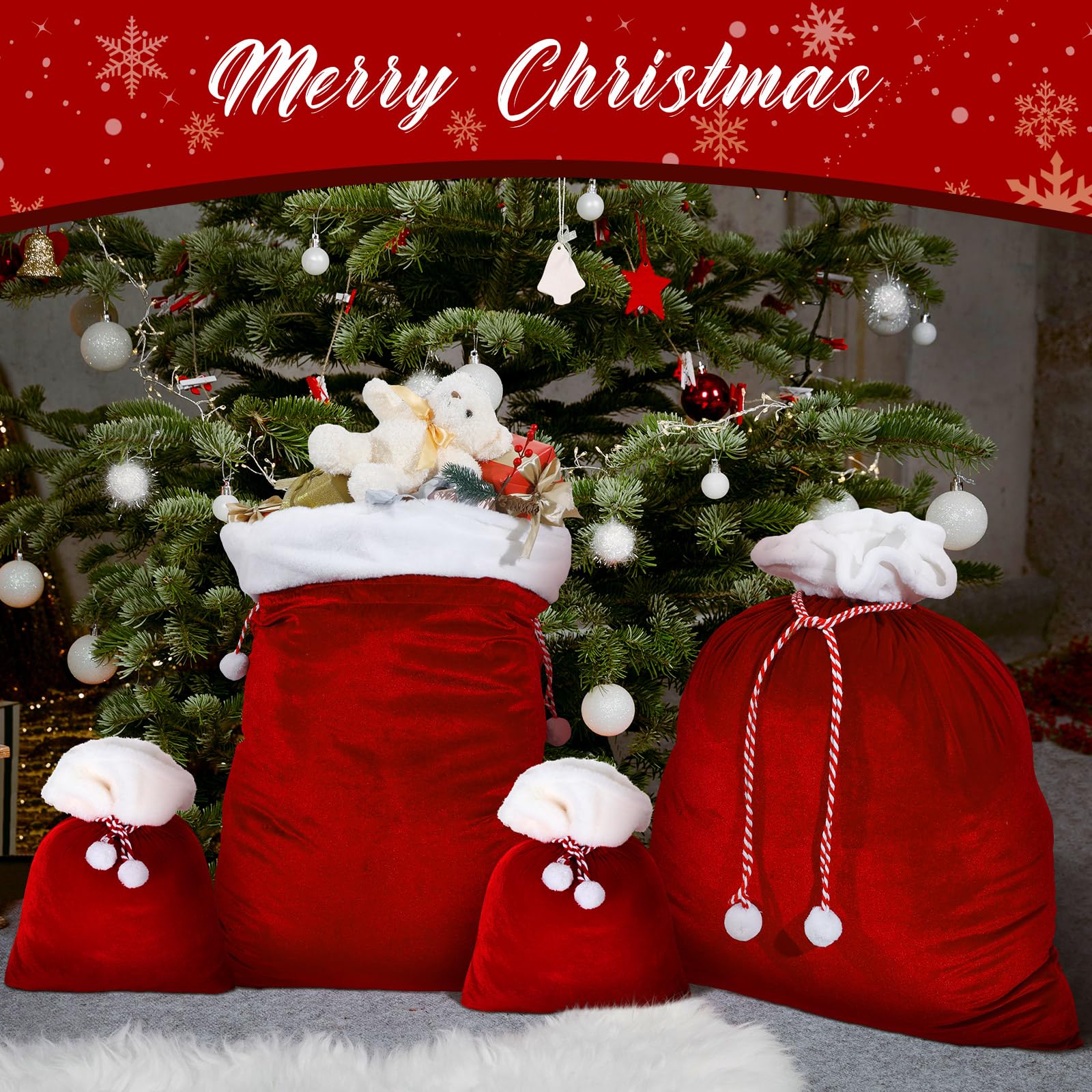 Shappy Lot de 4 sacs cadeaux géants en velours avec cordon de serrage pour jouets de Noël, costume de Père Noël (rouge) 89 x 71 cm, 71 x 50 cm