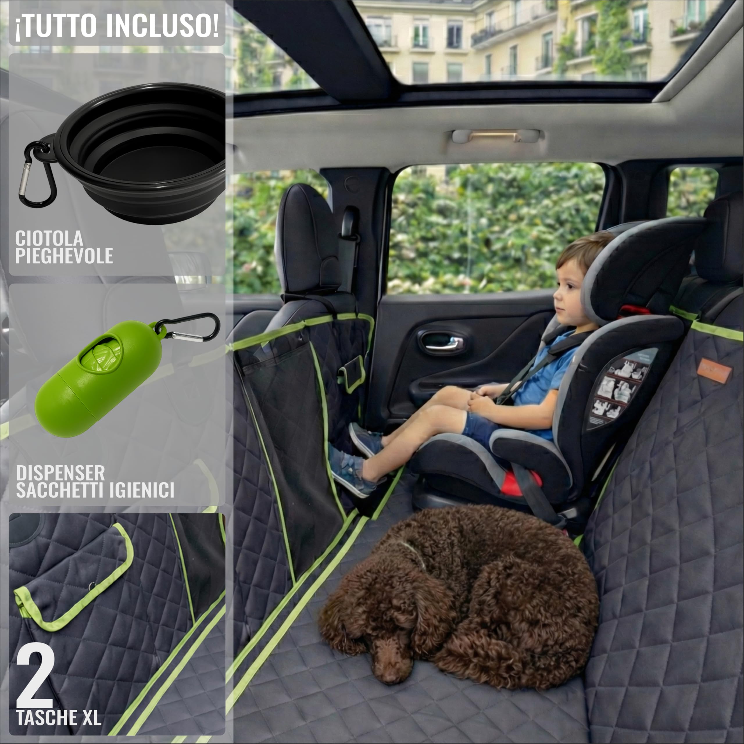 Telo Cane Auto Sedili Posteriori 6-in-1 | Telo Macchina per Cani Impermeabile 600D, Copertura Sedili Auto per Cani Universale con Finestra a Rete, Protezione Laterale
