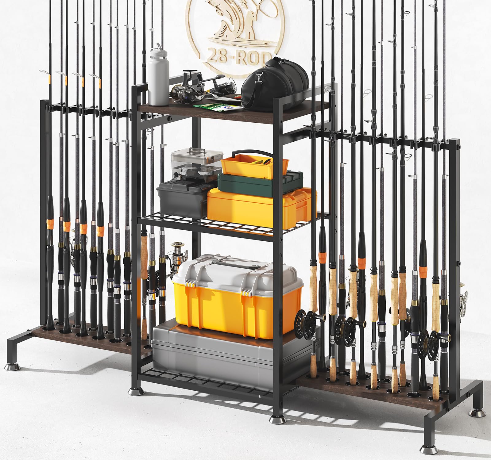 SOYEEZE Angelrutenhalter für 28 Ruten, Bodenständer, Angelrutenhalter für Garage, 3-seitiges vertikales Angelrutenregal für Angelbox, Angelzubehör, ein Display für Fischausrüstung, Geschenk für Mann