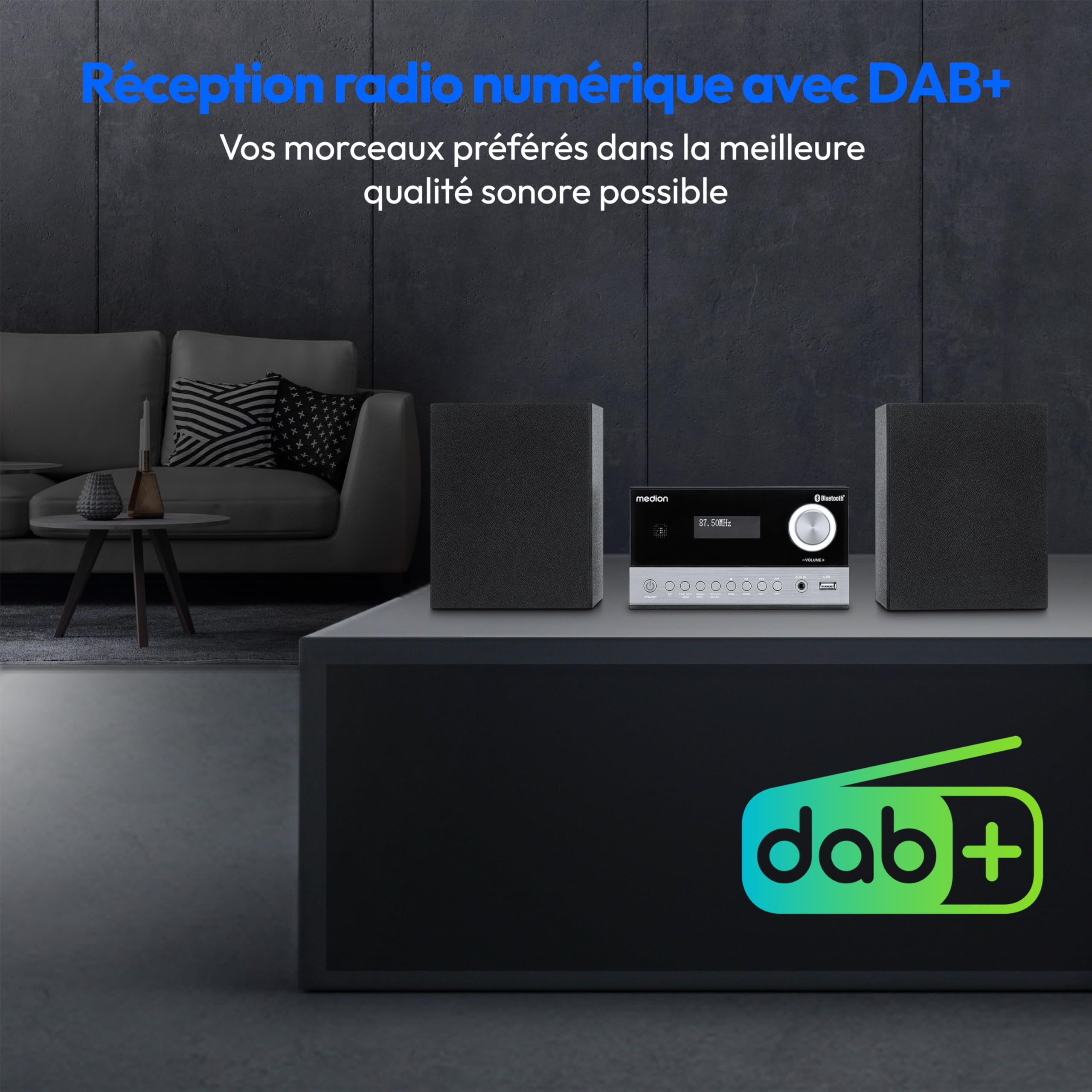 MEDION E64088 Microsystème Audio Compact (Dab+, Lecteur CD. PLL FM Radio, Bluetooth, Connexion USB, Sleeptimer, MP3, écran LCD avec Affichage 12/24 Heures)