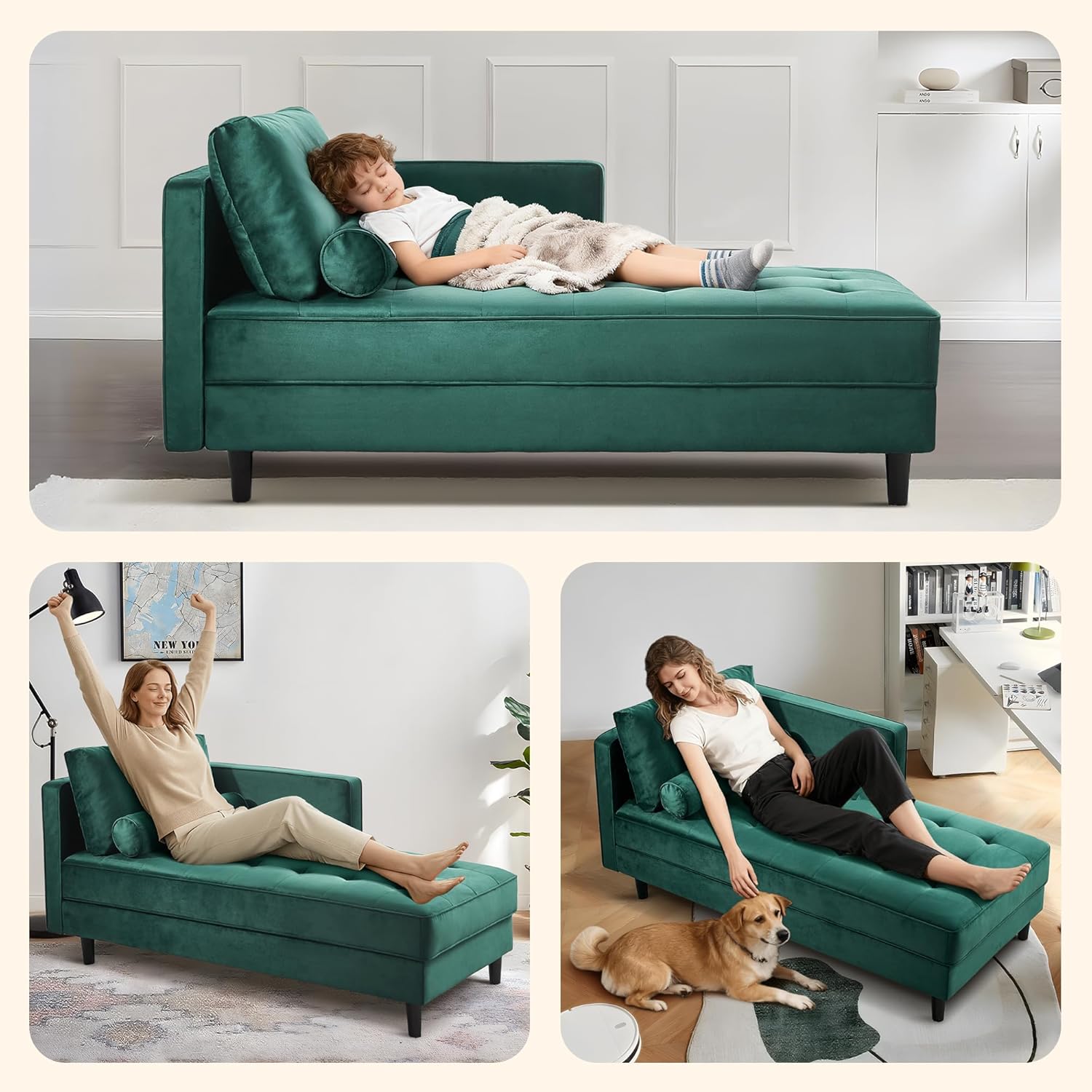 64'' Velvet Chaise Lounge Indoor, Modern Longue Chair Upholstered Chaise Longue with Support Pillow, Button Tufted Seat Cushion, Sleeper Sofa Recliner for Bedroom, Living Room, Office, Green