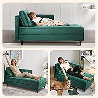 Vista 4 de Chaise Lounge de terciopelo de 64 pulgadas para interiores, moderna silla Longue tapizada con almohada de apoyo, cojín de asiento copetudo con Verde