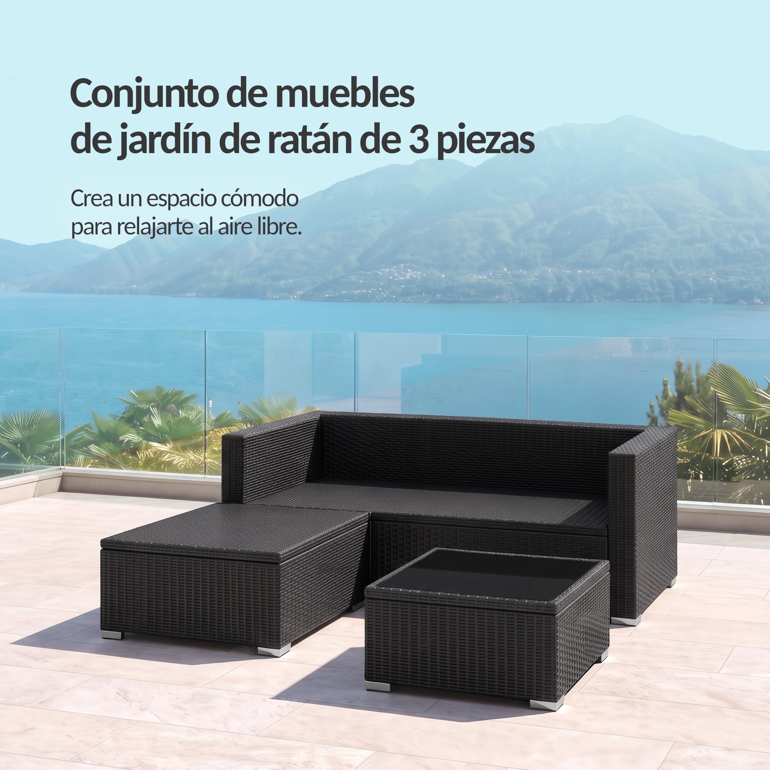 POKAR Rinconera Jardín Ratán Gris con Cojines Asiento y Respaldo Salvia