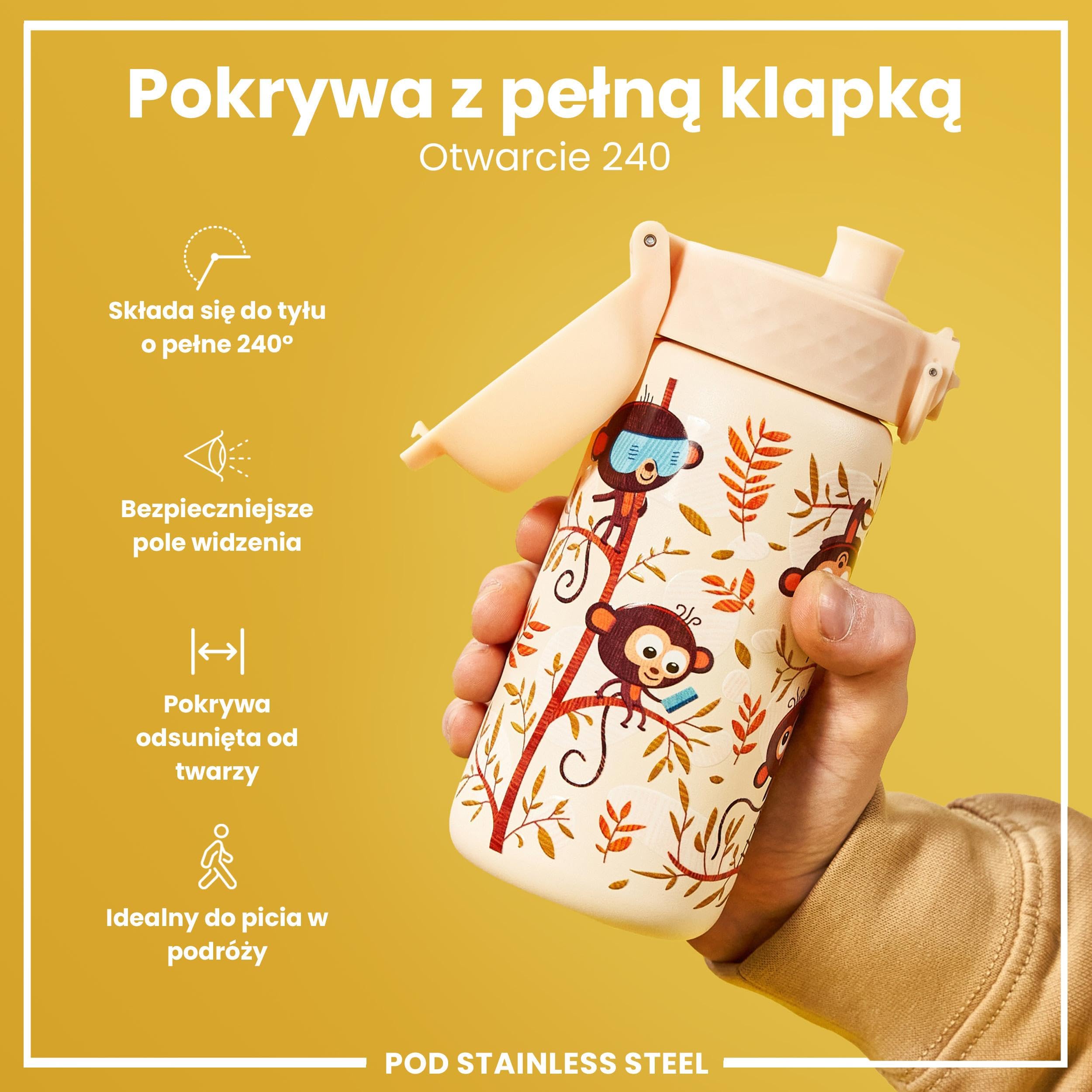 ION8 Butelka na Wodę dla Dzieci ze Lekki Stali, 400 ml/13 oz, Nieocieplany, Szczelna, Łatwa do Otwarcia, Bezpieczny Zamek, Można Myć w Zmywarce, Składany Uchwyt, Łatwa w Czyszczeniu, Małpy