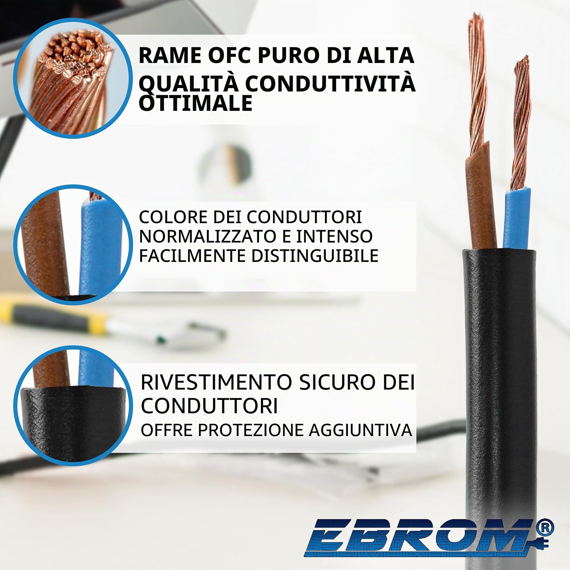 EBROM Tubo flessibile in plastica rotondo, cavo H05VV-F 2 x 1,5 mm², colore: nero - Lunghezze da 5 a 200 metri