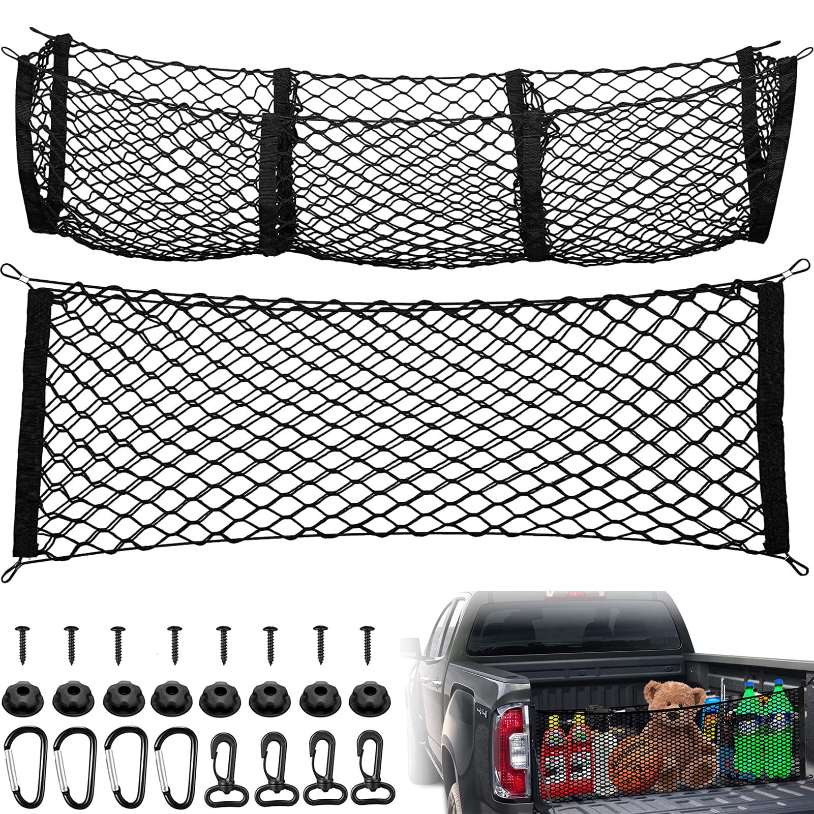TUINCYNCar Cargo Net and 3 Pocket Cargo Net Trunk Bed Organizer, Heavy Duty Cargo Net Stretchable Truck Bed Grocery Holder with Hooks Screws Buttonholes, Black（43.3"x11.8"and 43.3"x15.7"