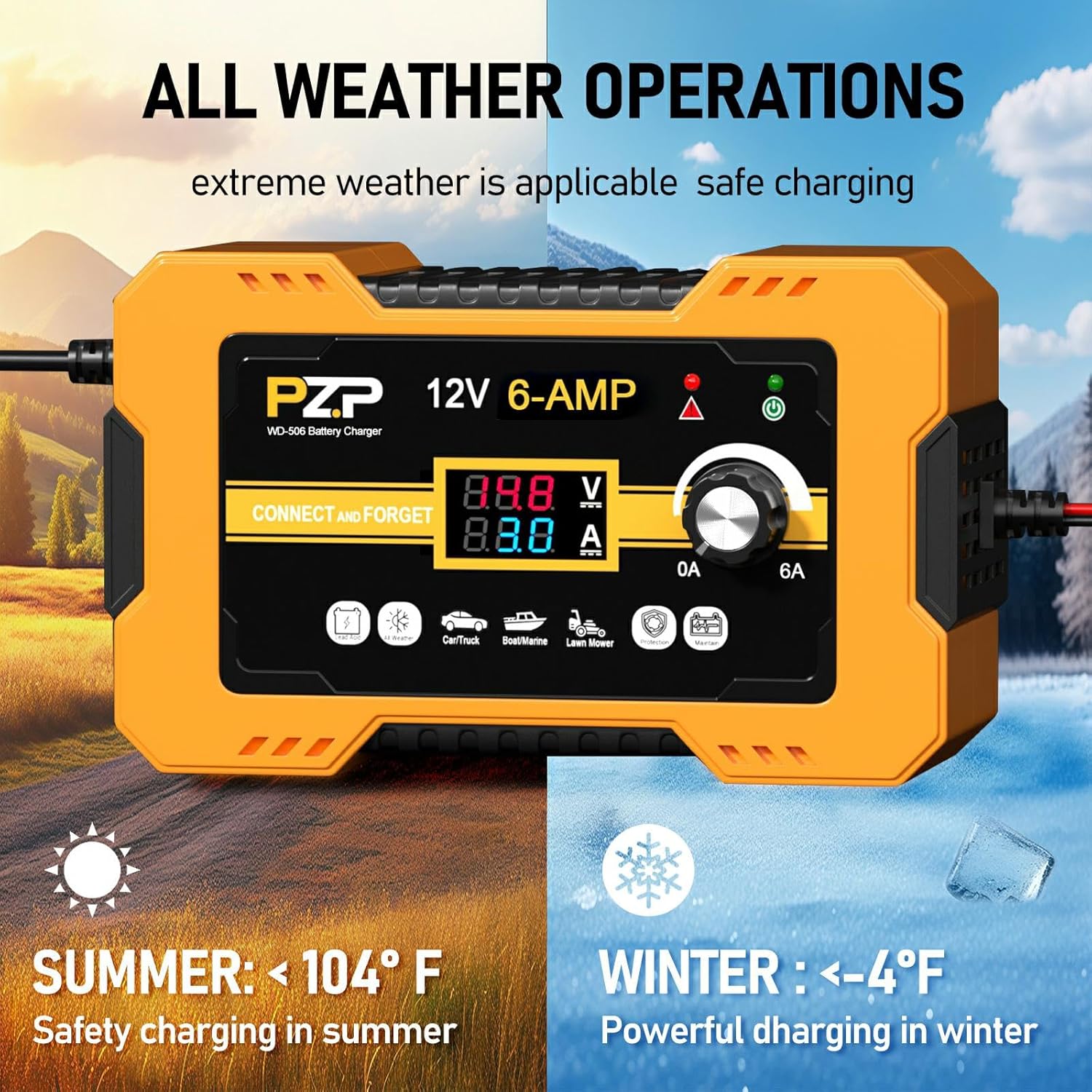 12V Automatic Car Battery Charger, 0-6A Arbitrarily Adjustable Smart Trickle Charger, Auto Desulfator with Battery Repair, Battery Maintainer with Winter Mode for AGM, Gel, Deep Cycle, Lead-Acid