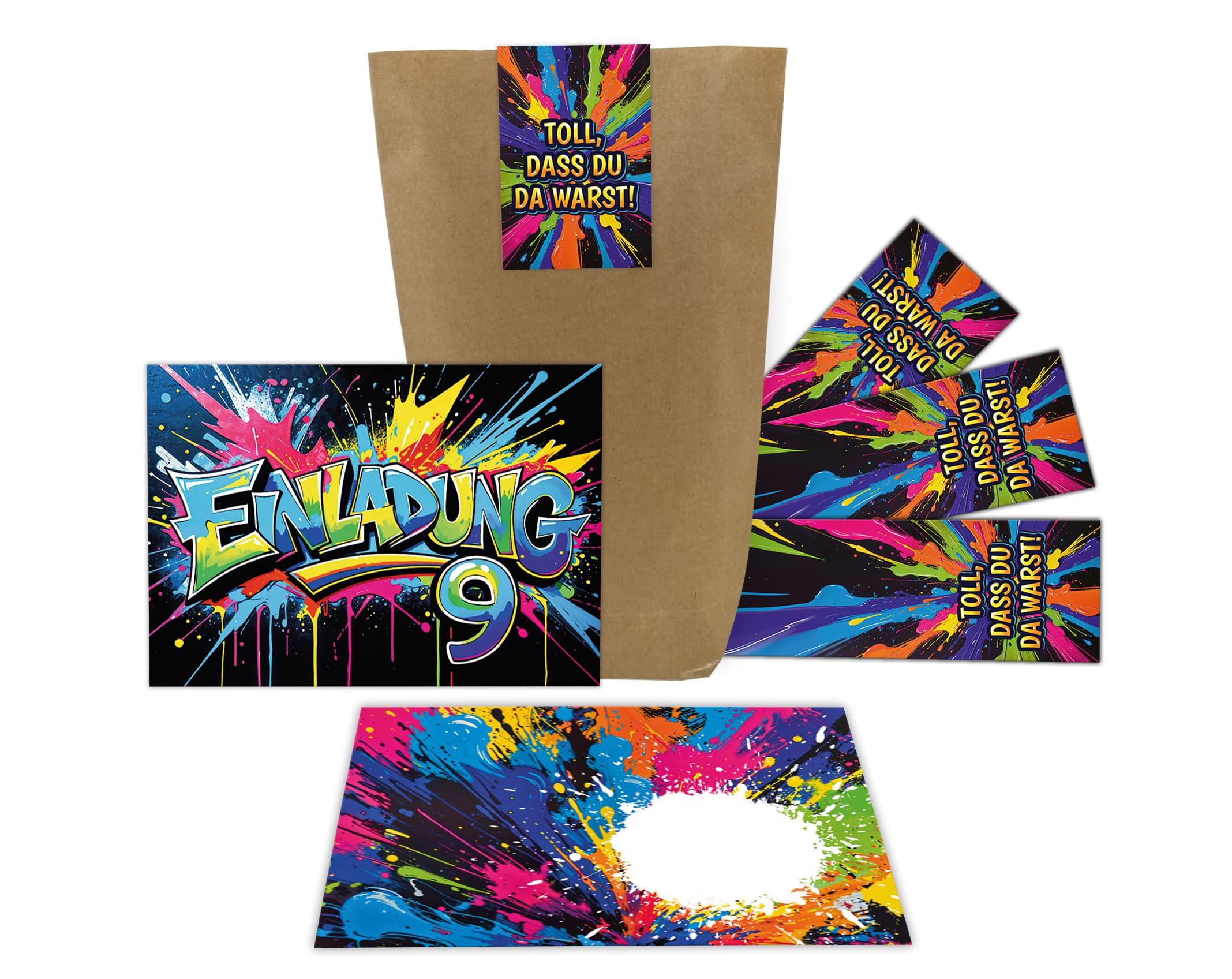 Junaversum 12 Einladungskarten zum 9. Kindergeburtstag Graffiti Junge Mädchen Kinder coole bunte Einladungen neunte Geburtstag Geburtstagseinladungen Kids inkl. 12 Umschläge, 12 Tüten, 12 Aufkleber