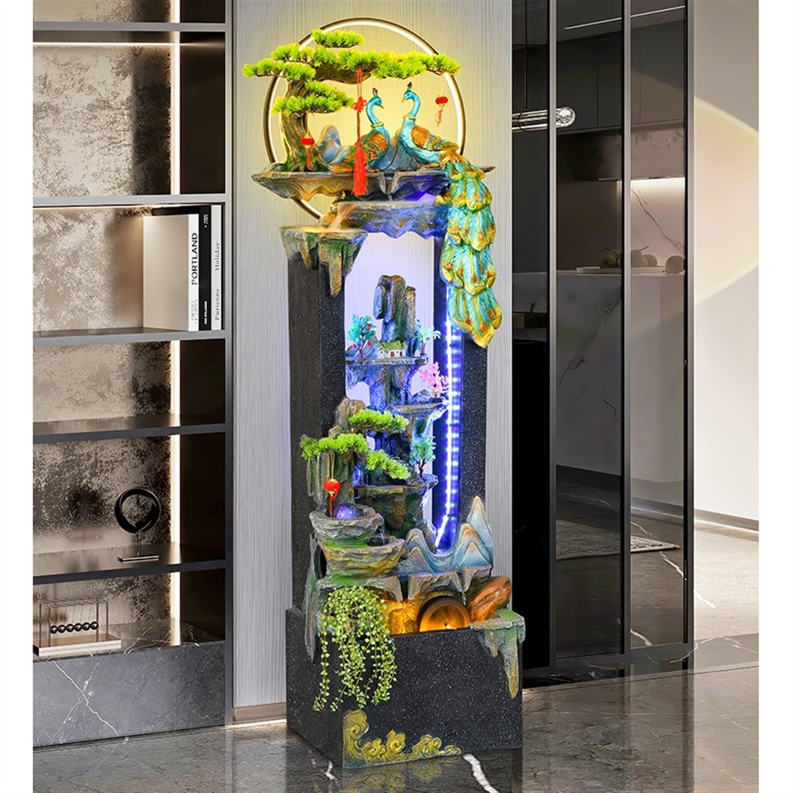 Gartenbrunnen Pfauendekoration, Aquarium, Innenhof, Wohnzimmer, Zuhause, automatisches Zirkulationssystem, Steingartenbrunnen, Wasserdekoration Terrassendekor(S)