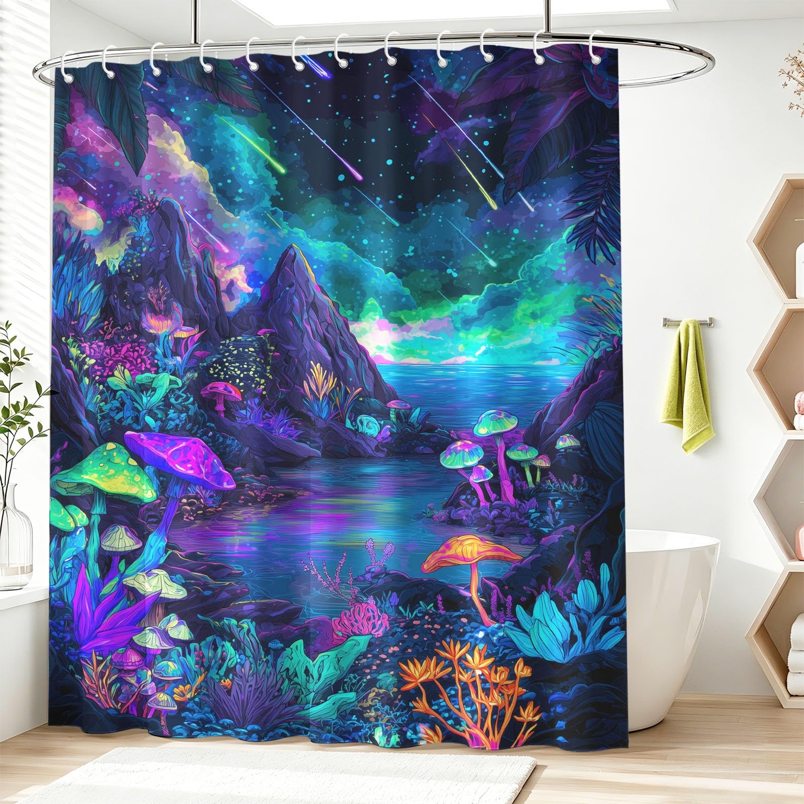 Générique Fancy Paesaggio - Tenda da doccia da sogno a fungo, cielo stellato, in tessuto in microfibra anti-muffa, impermeabile, per bagno, 120 x 200 cm, con ganci