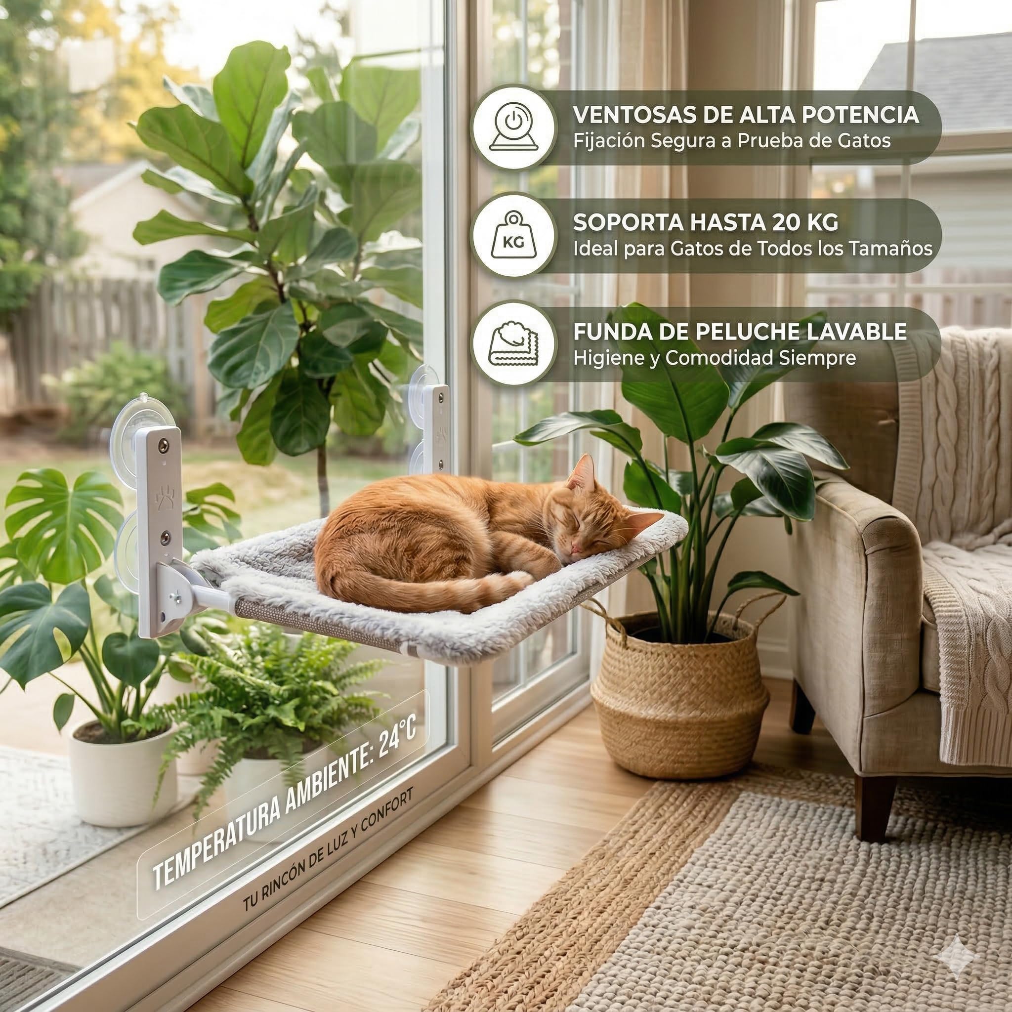 Hamaca Gato Ventana (52x30cm) Bestfriend® | Plegable, Lavable y Transpirable | Ventosas Reforzadas para Seguridad y Estabilidad hasta 18 kg (Felpa Gris) - 3